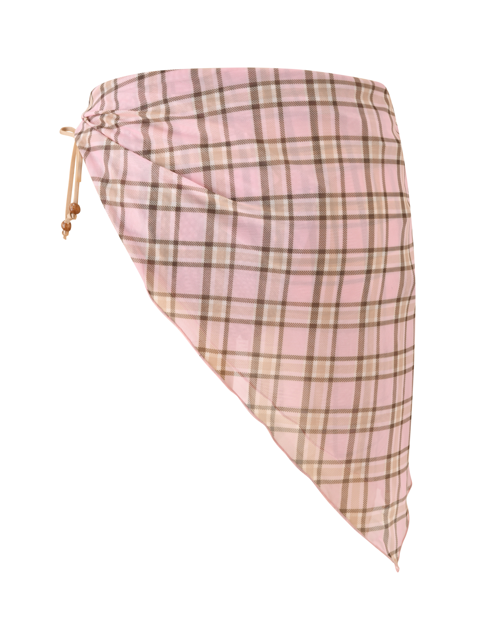 The TIGERMIST AVE Reversible Bikini Bottom With Scarf in tan and pink plaid features a scarf styled in a triangular shape with adjustable side ties and two small beads, shown on a plain white background.
