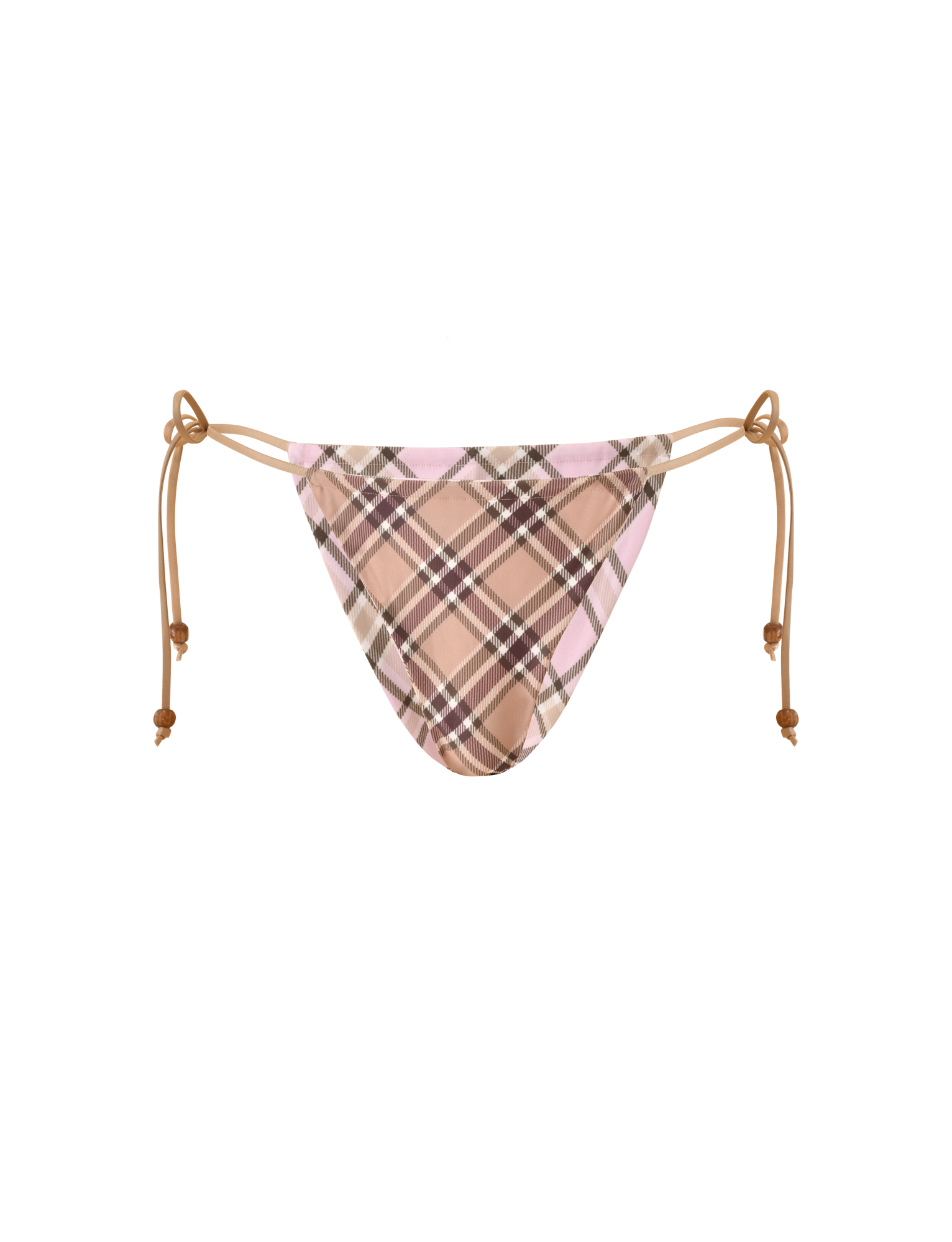 The TIGERMIST AVE Reversible Bikini Bottom with Scarf features a tan and pink plaid pattern with adjustable tan side ties, shown against a white background.