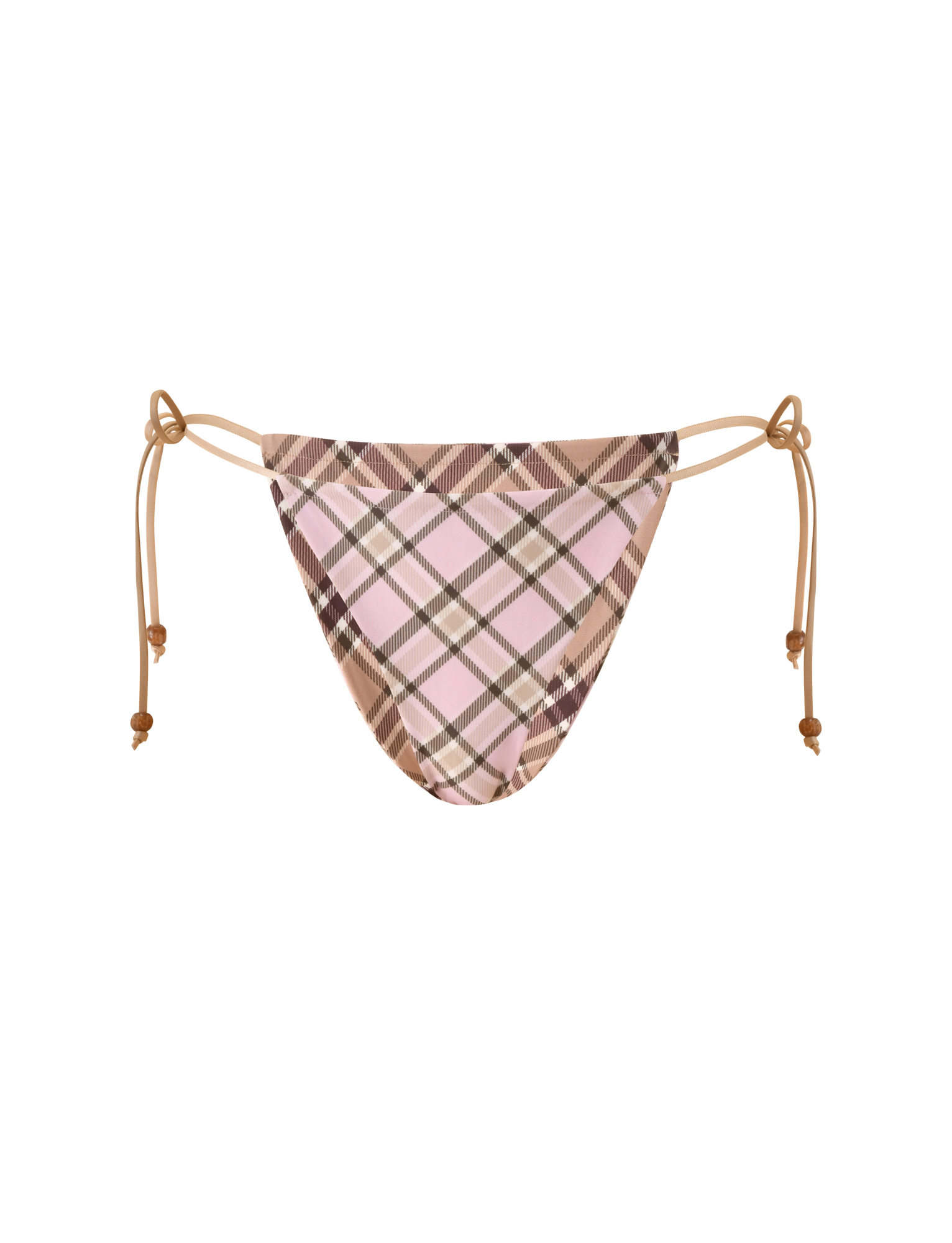 The TIGERMIST AVE REVERSIBLE BIKINI BOTTOM WITH SCARF in tan and pink plaid features adjustable side ties, shown against a plain white background.