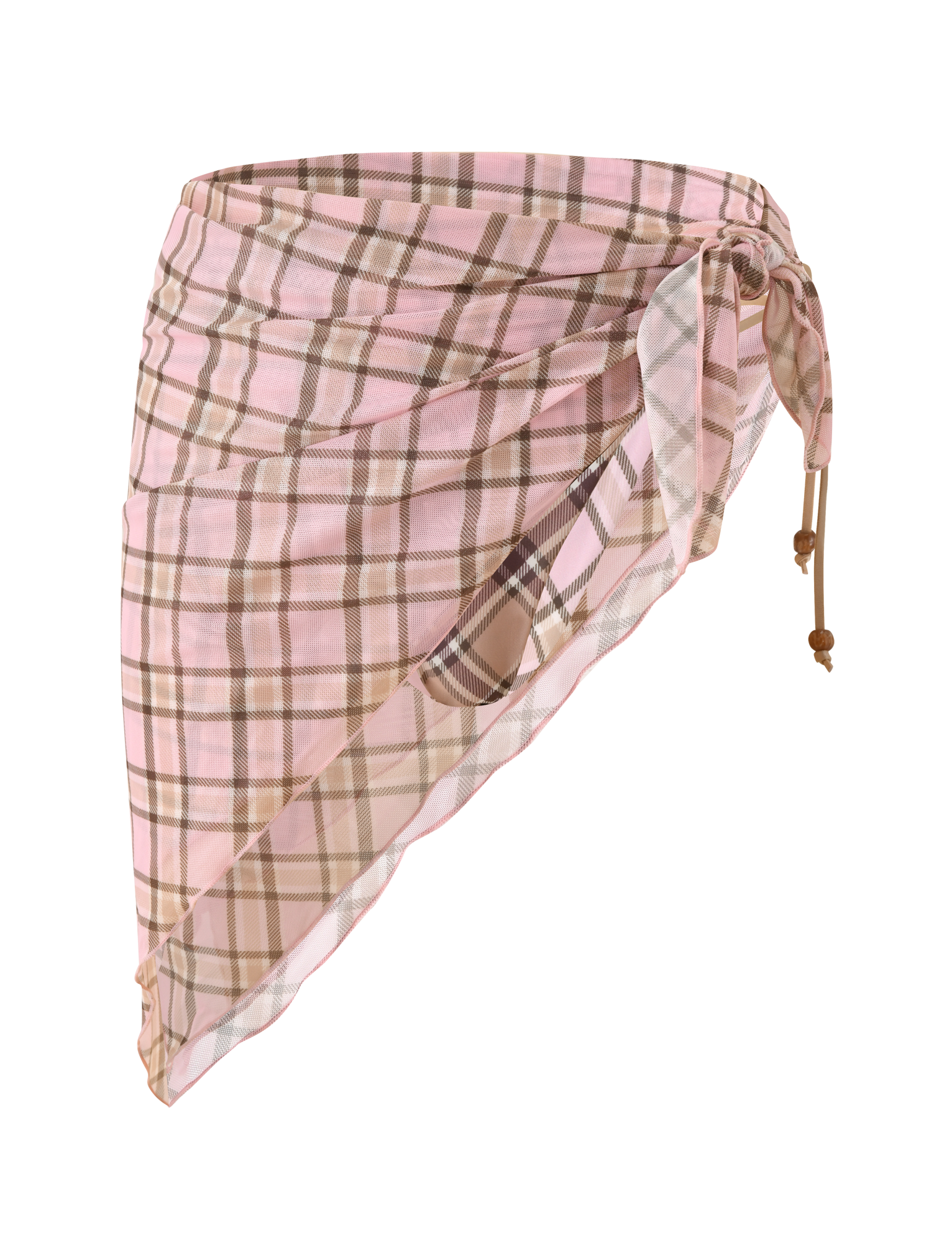 The TIGERMIST AVE Reversible Bikini Bottom with Scarf features a tan and pink plaid design and adjustable side ties—perfectly sheer and lightweight for pairing with your favorite bikini, shown on a plain white background.