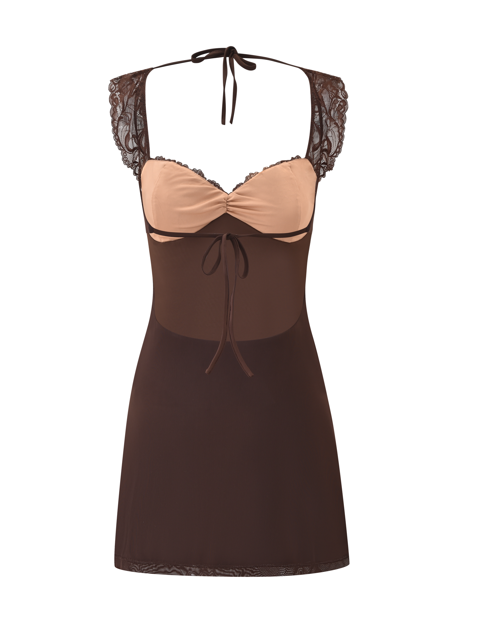 The NYOMI MINI DRESS - CHOCOLATE by TIGERMIST is a brown and beige sheer dress with a sweetheart neckline, lace cap sleeves, bust tie, and halter neck strap, shown on a white background.