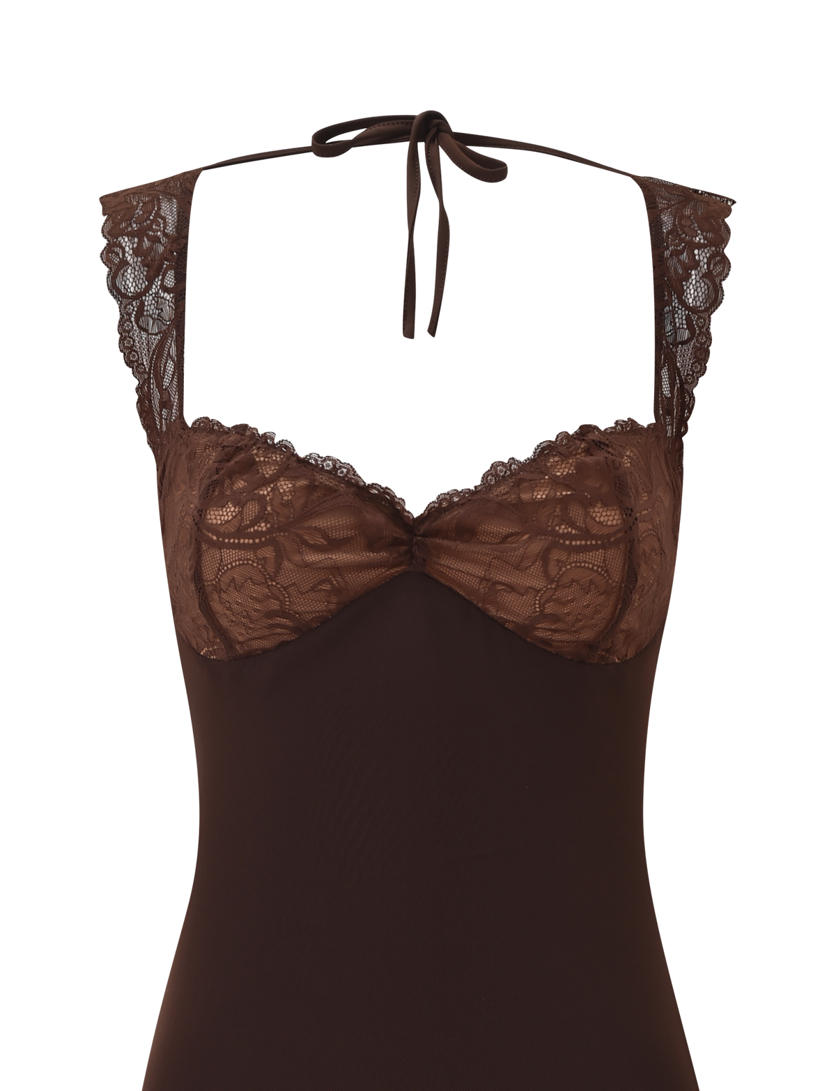 The NYOMI MINI DRESS by TIGERMIST features a chocolate hue, lace-trimmed details, a sweetheart neckline, sheer lace on the chest and straps, underwire cups, and a halter neck tie.
