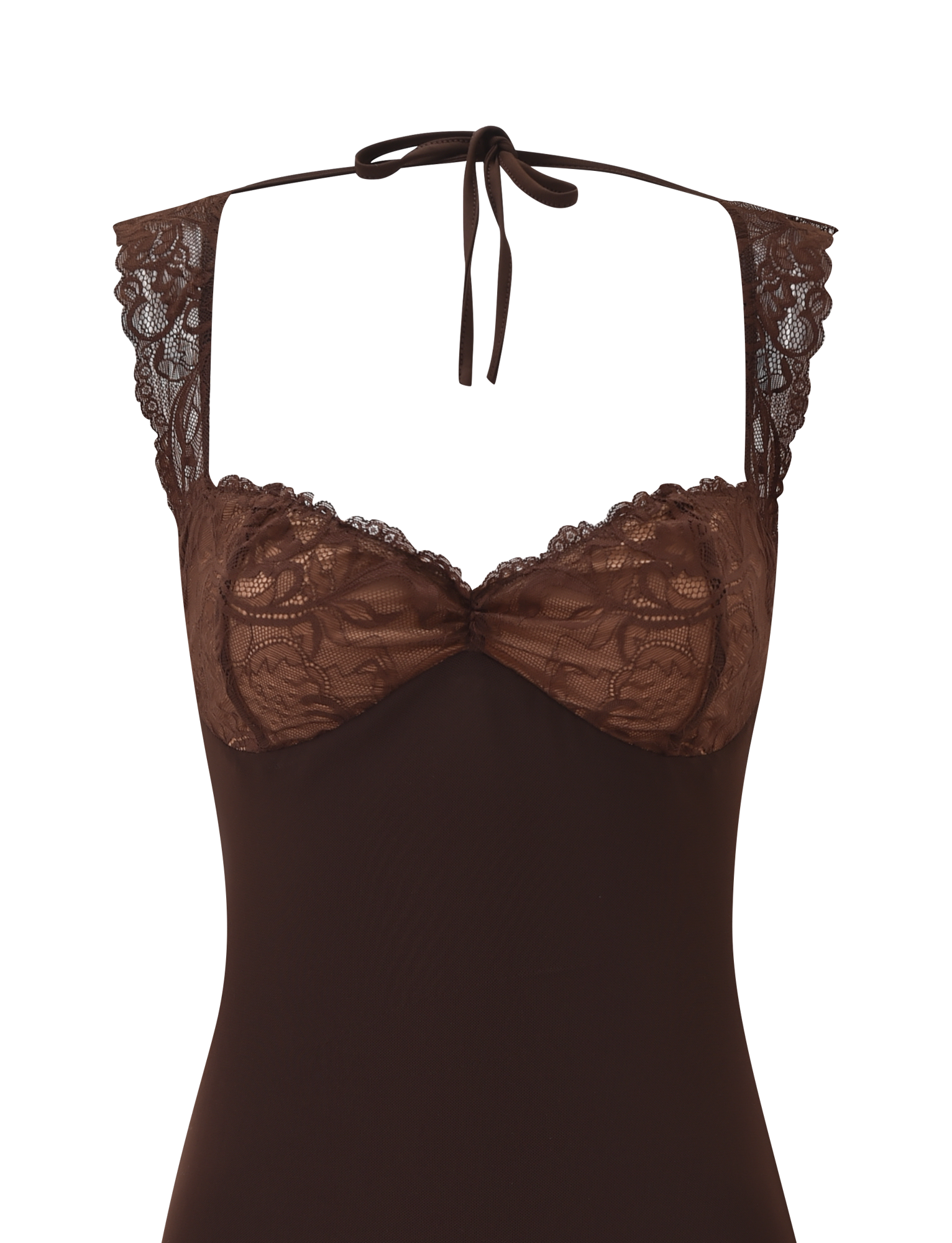 The NYOMI MINI DRESS by TIGERMIST features a chocolate hue, lace-trimmed details, a sweetheart neckline, sheer lace on the chest and straps, underwire cups, and a halter neck tie.
