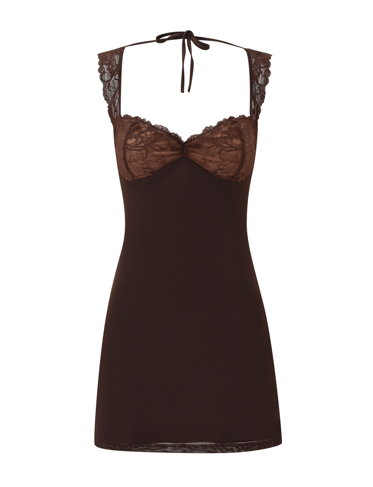 The NYOMI MINI DRESS - CHOCOLATE by TIGERMIST features sheer lace details on the bust and straps, an open back with neck tie closure, and a fitted mini silhouette. Shown against a plain white background.