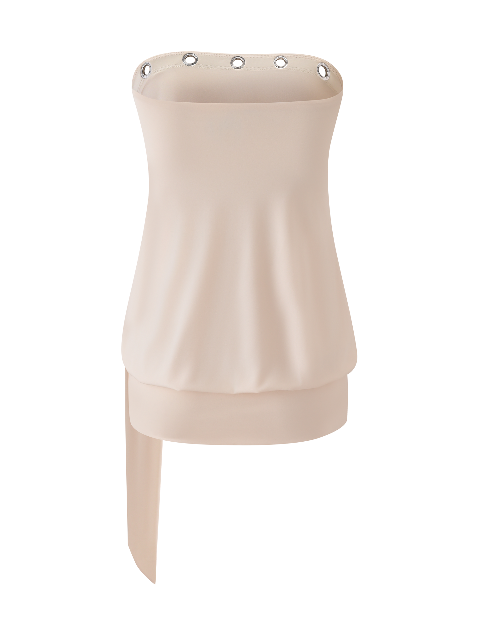 The TIGERMIST RAVENNA MINI DRESS in cream features a strapless blouson silhouette with metallic grommets and an asymmetrical hem, highlighted by a long cascading panel for extra flair.