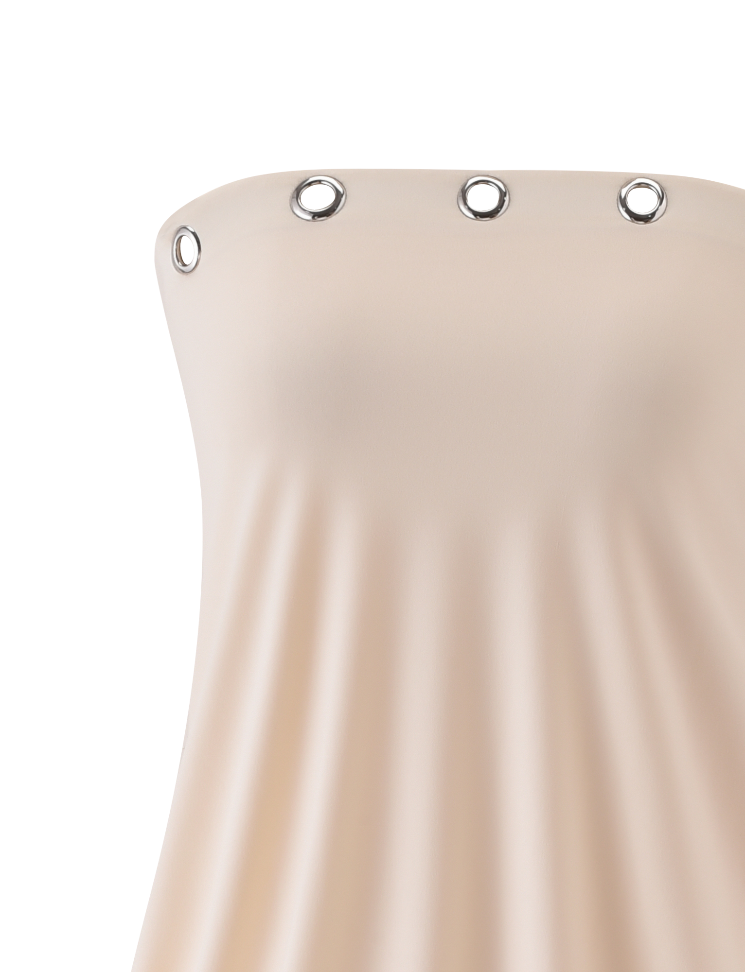 A close-up of the TIGERMIST RAVENNA MINI DRESS in cream, strapless with a blouson silhouette and silver grommet details on the straight neckline, shown against a plain white background.