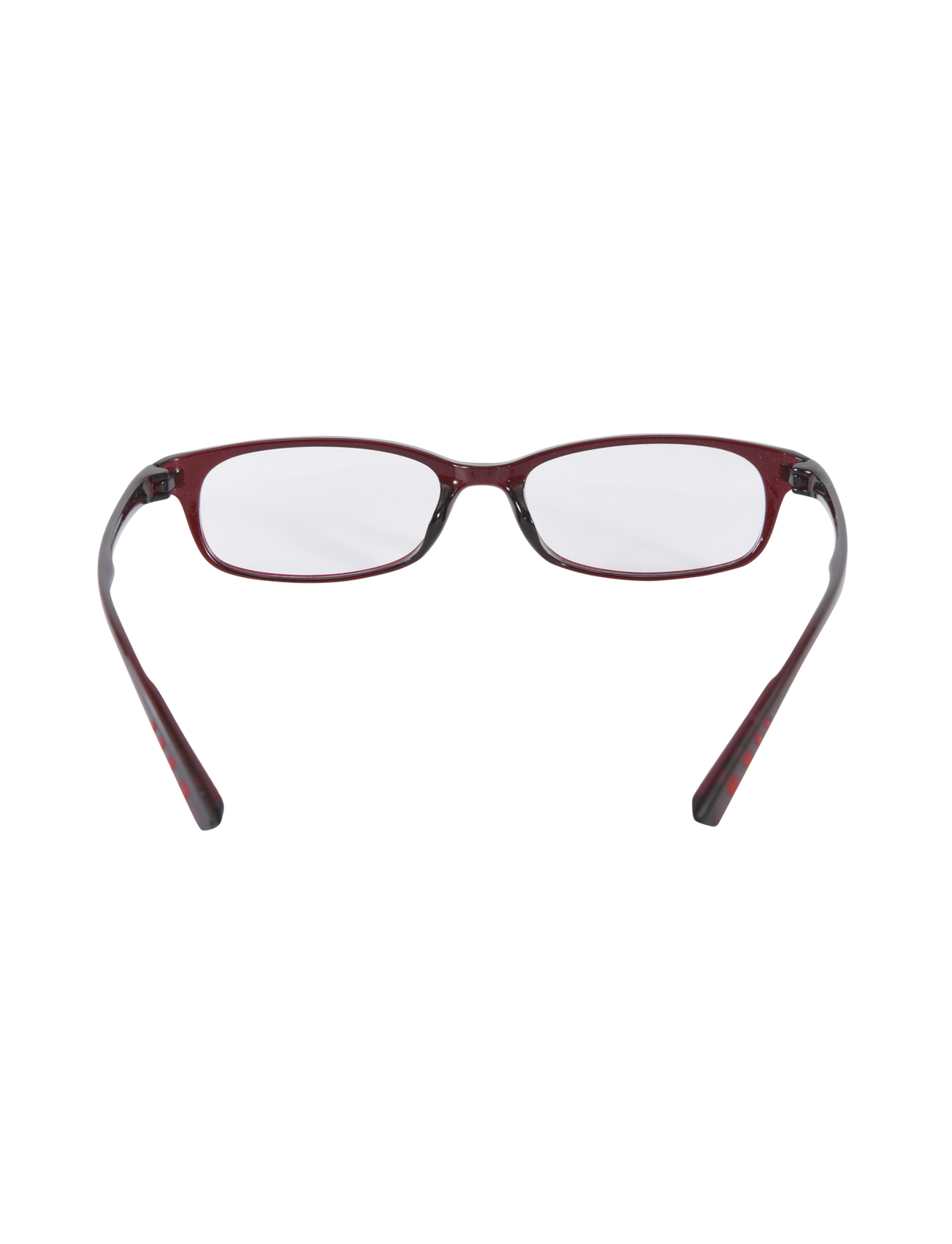 The KAYA FASHION GLASSES - DEEP RED by TIGERMIST feature a narrow rectangular acrylic red frame and clear lenses, displayed front-on with partially open arms against a plain white background.