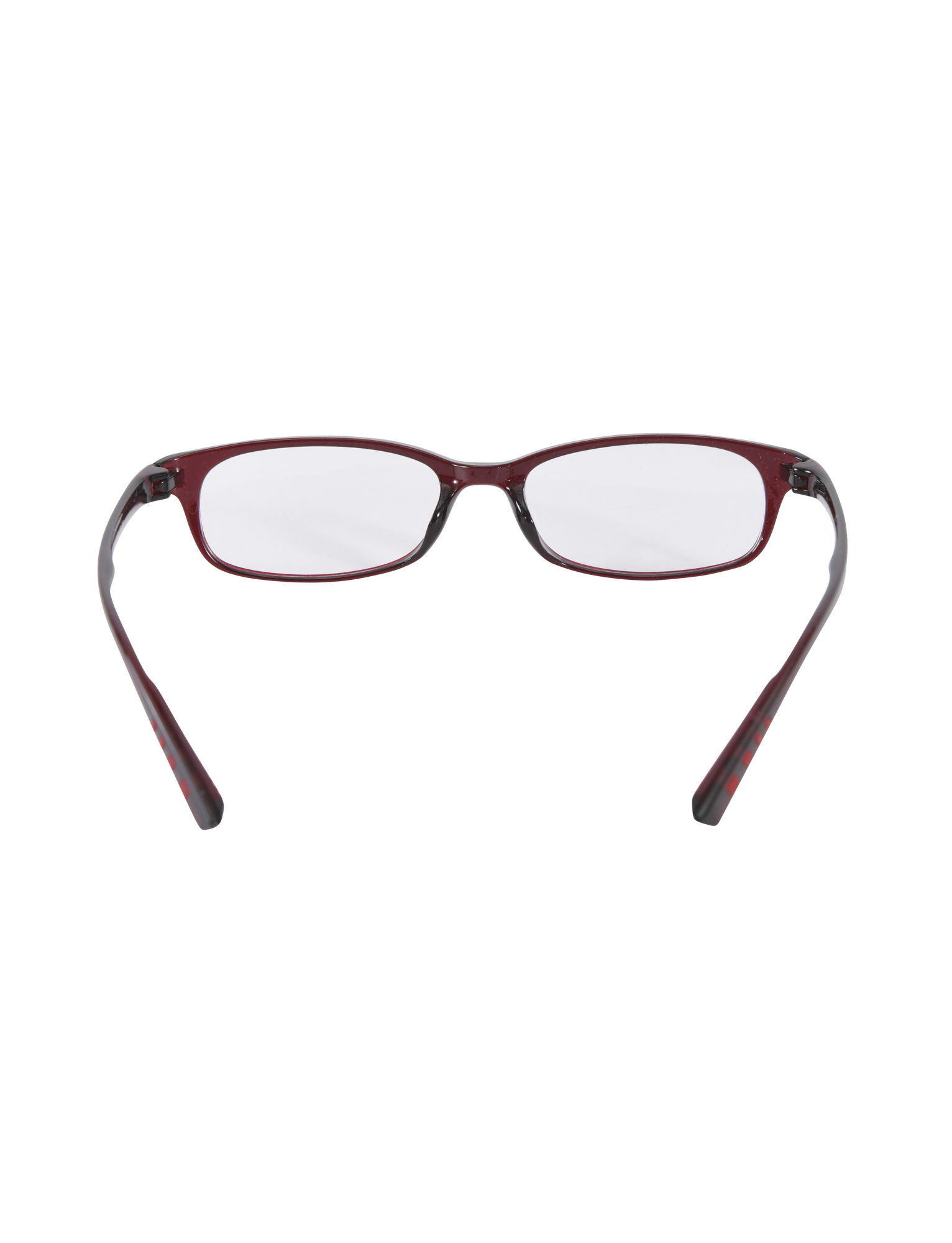 The KAYA FASHION GLASSES - DEEP RED by TIGERMIST feature a narrow rectangular acrylic red frame and clear lenses, displayed front-on with partially open arms against a plain white background.