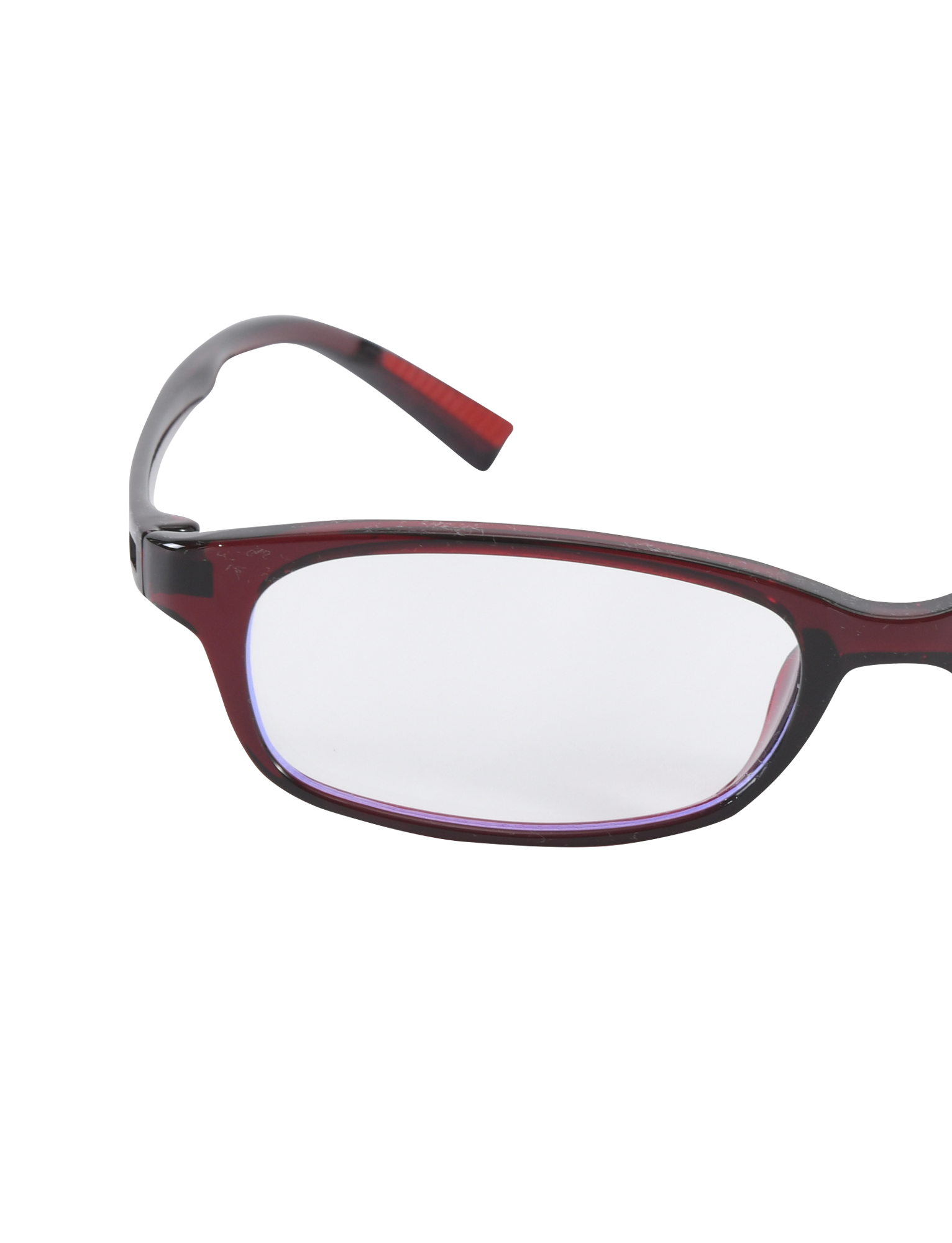 Close-up of the right side of TIGERMIST KAYA FASHION GLASSES - DEEP RED, featuring a slim rectangular dark acrylic red frame against a white background.