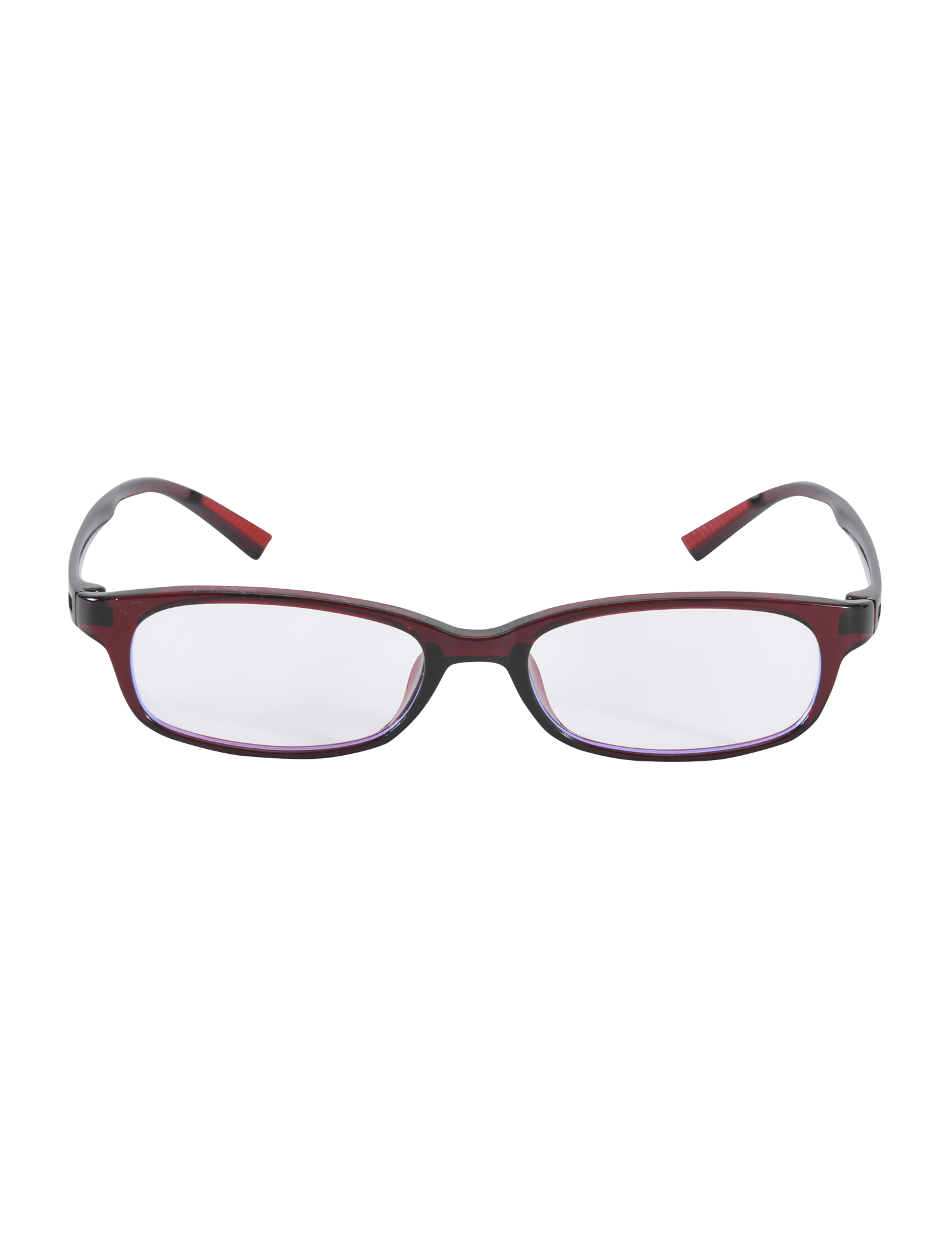 The TIGERMIST KAYA FASHION GLASSES in Deep Red feature a narrow rectangular shape with an acrylic red frame and black-and-red temples, shown on a white background.