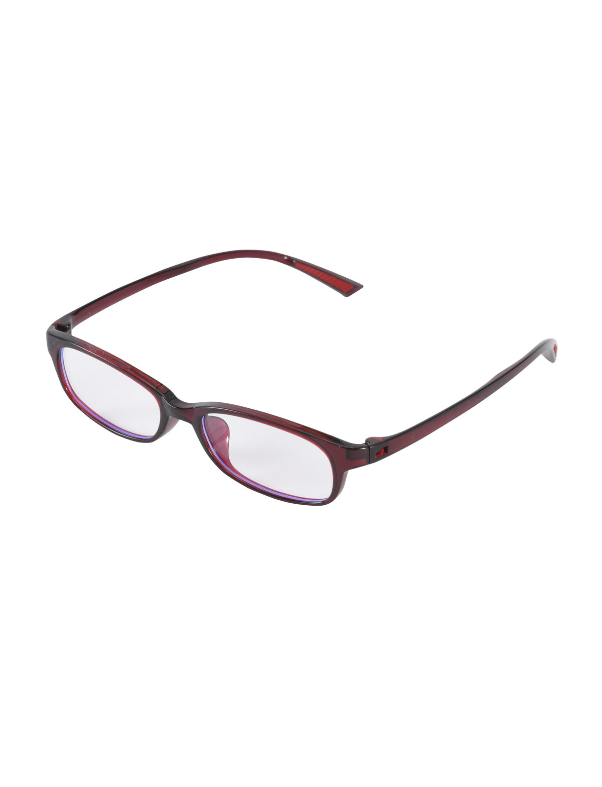 The KAYA FASHION GLASSES - DEEP RED by TIGERMIST feature a narrow rectangular acrylic red frame and clear lenses, shown against a plain white background.