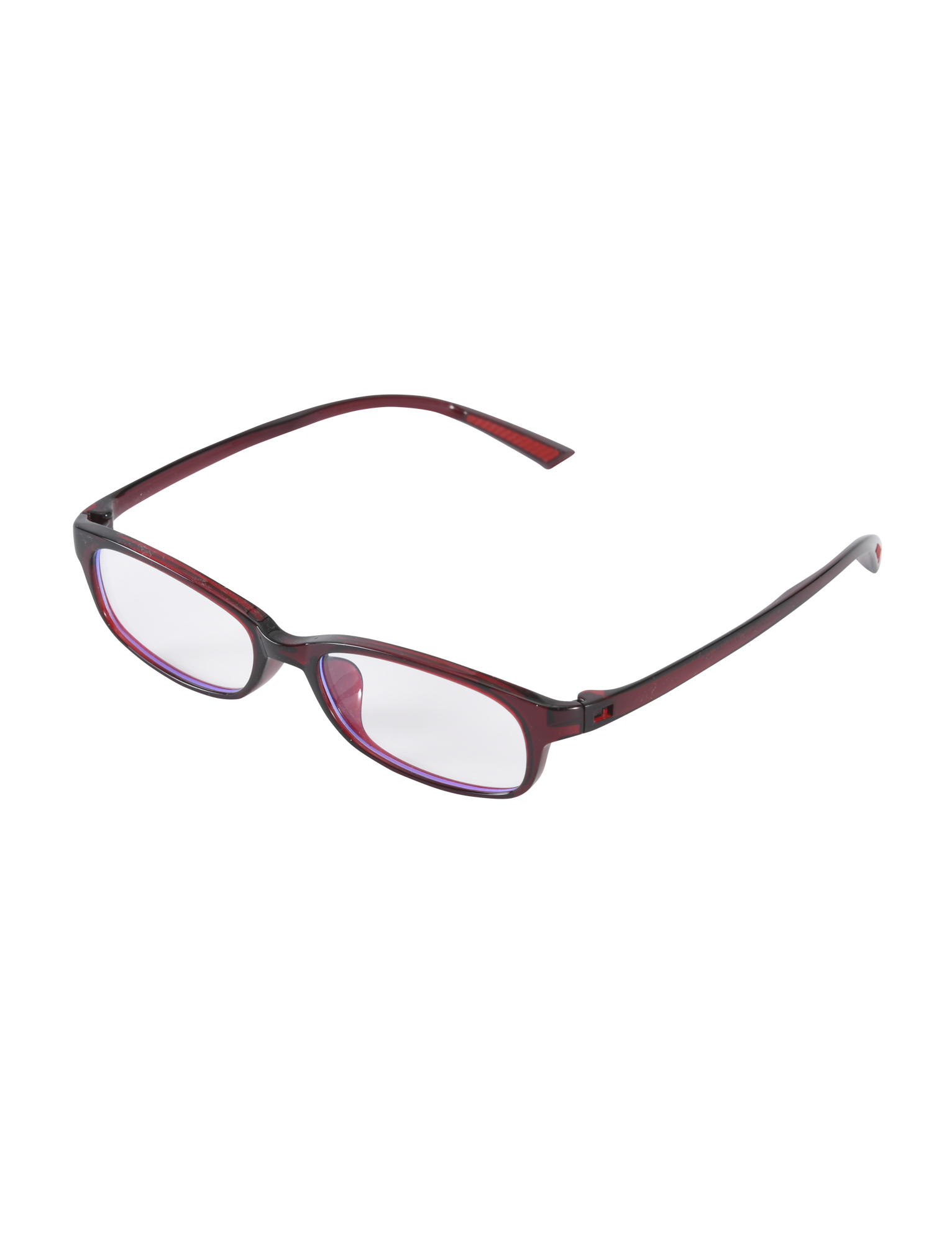 The KAYA FASHION GLASSES - DEEP RED by TIGERMIST feature a narrow rectangular acrylic red frame and clear lenses, shown against a plain white background.