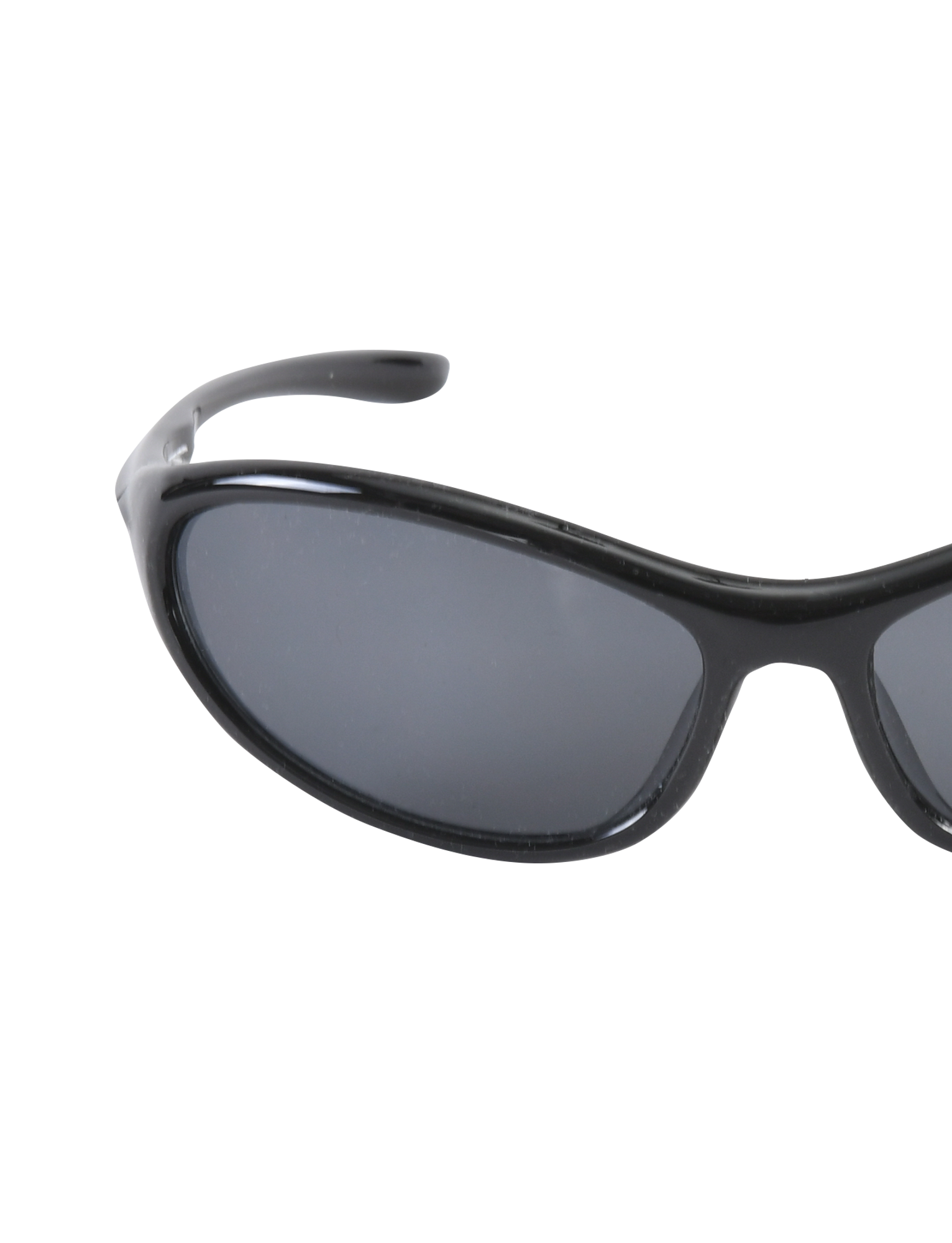 Close-up of TIGERMIST RIVAH FASHION GLASSES - BLACK, featuring elongated oval, wraparound frames and reflective black lenses, displayed against a plain white background.