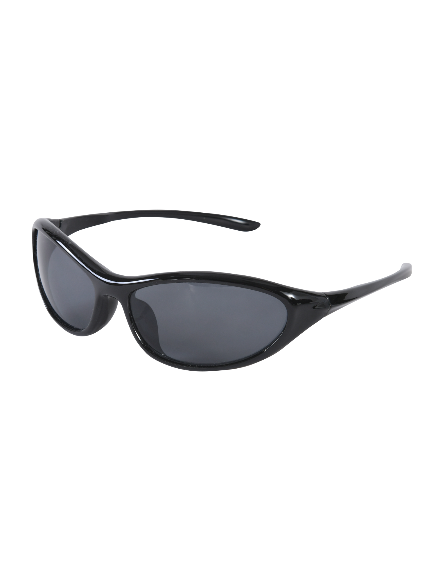 The TIGERMIST RIVAH FASHION GLASSES - BLACK feature glossy black wraparound frames with elongated oval, reflective lenses, shown against a plain white background.