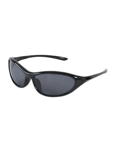 The TIGERMIST RIVAH FASHION GLASSES - BLACK feature glossy black wraparound frames with elongated oval, reflective lenses, shown against a plain white background.