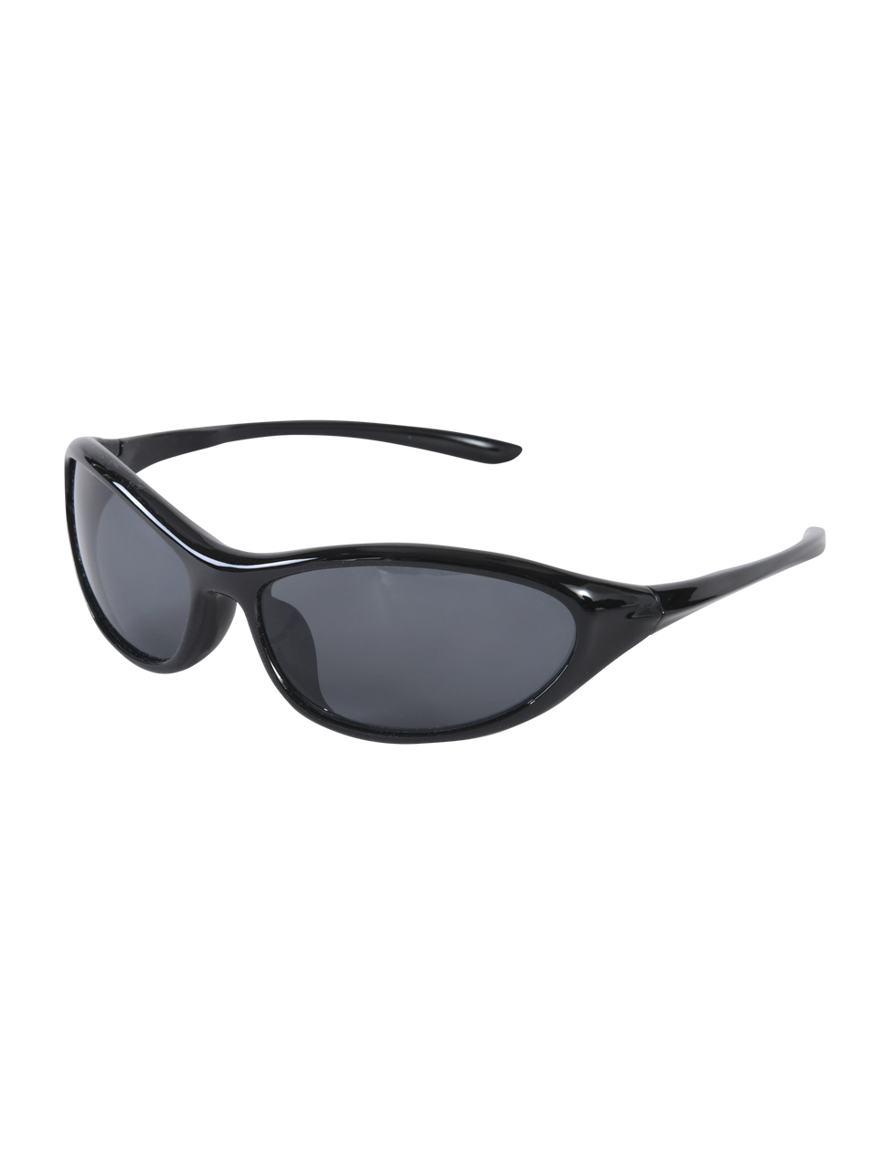 The TIGERMIST RIVAH FASHION GLASSES - BLACK feature glossy black wraparound frames with elongated oval, reflective lenses, shown against a plain white background.