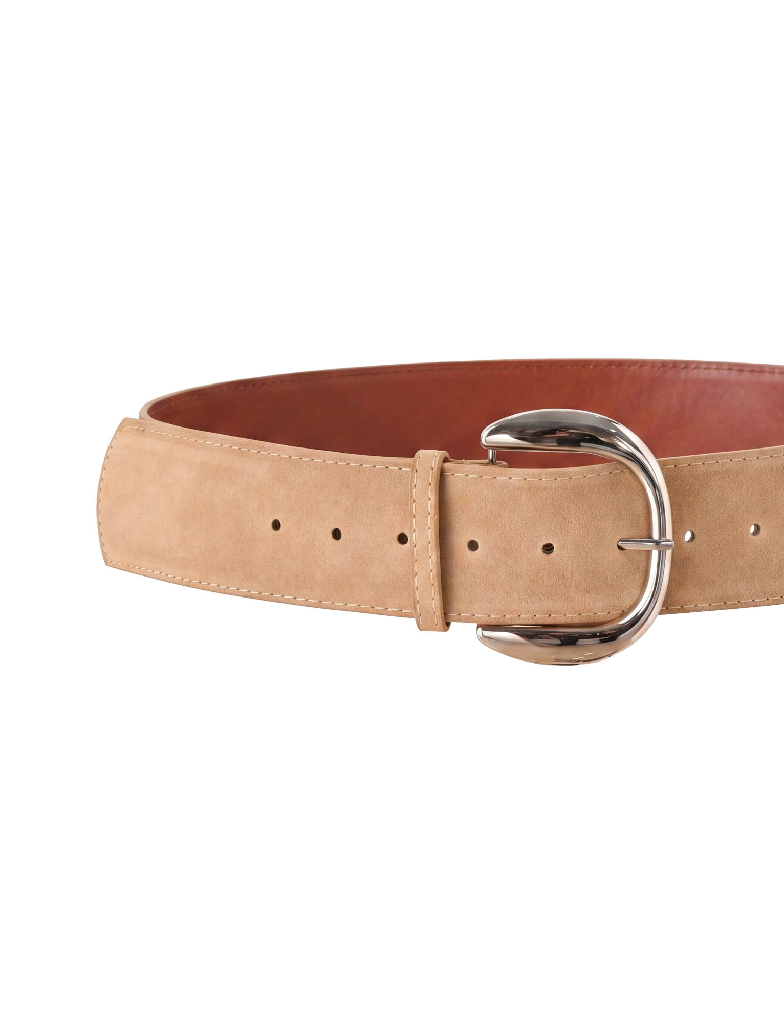 The TIGERMIST MARTINA BELT in tan features a smooth faux suede finish, multiple size adjustment holes, and a large silver buckle, shown against a white background.