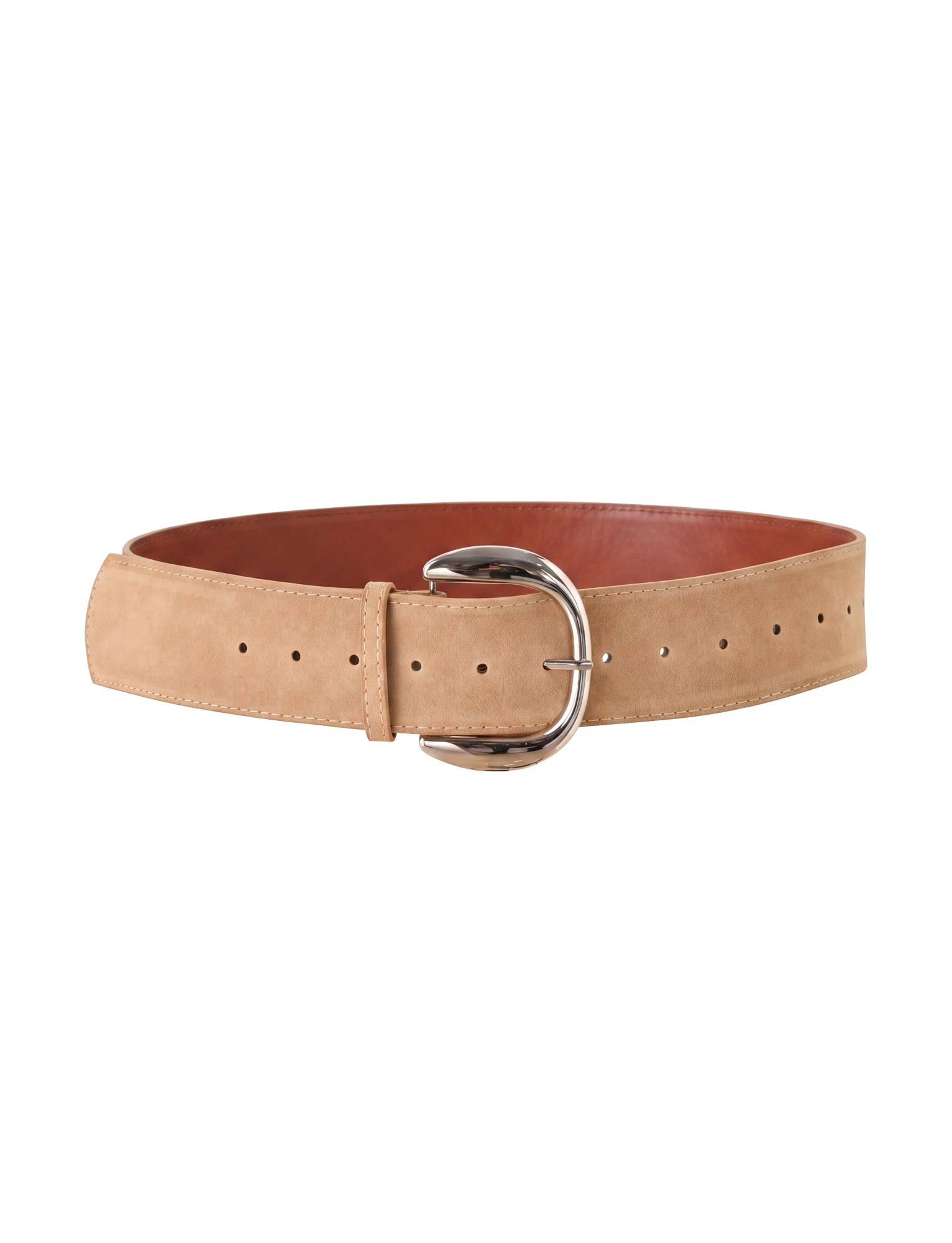 The TIGERMIST MARTINA BELT in tan faux suede features a large silver oval buckle and multiple adjustment holes, shown against a plain white background.