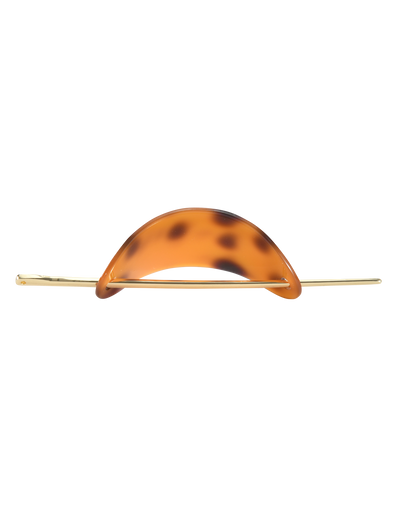 The RUKA BARETTE - TORTOISESHELL by TIGERMIST is a chic gold hairpin with a curved brown acrylic tortoiseshell accent, shown on a plain white background.