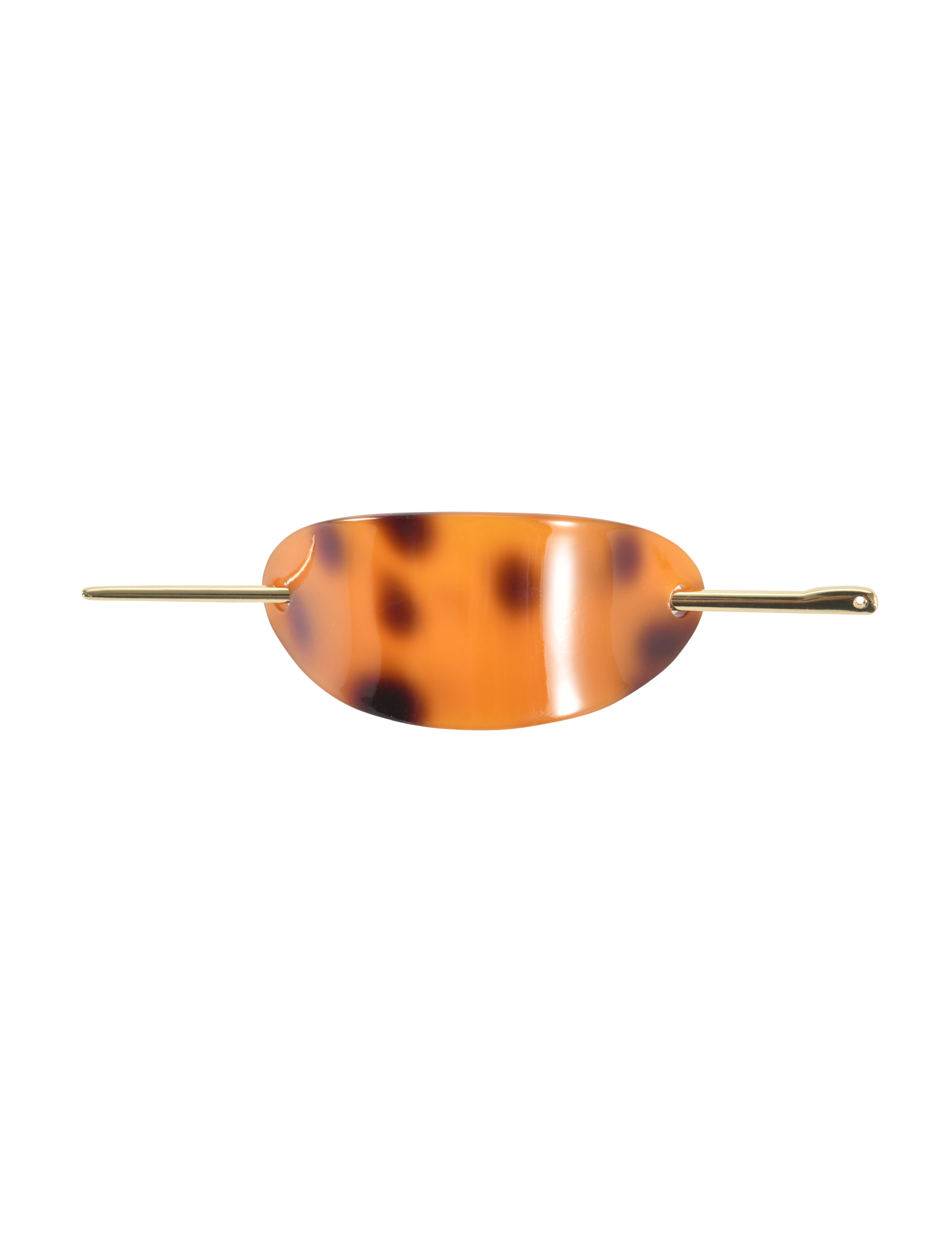 The TIGERMIST RUKA BARETTE - TORTOISESHELL is an oval, acrylic tortoiseshell hair clip with a stylish gold bar closure threaded through side openings, shown against a plain white background.