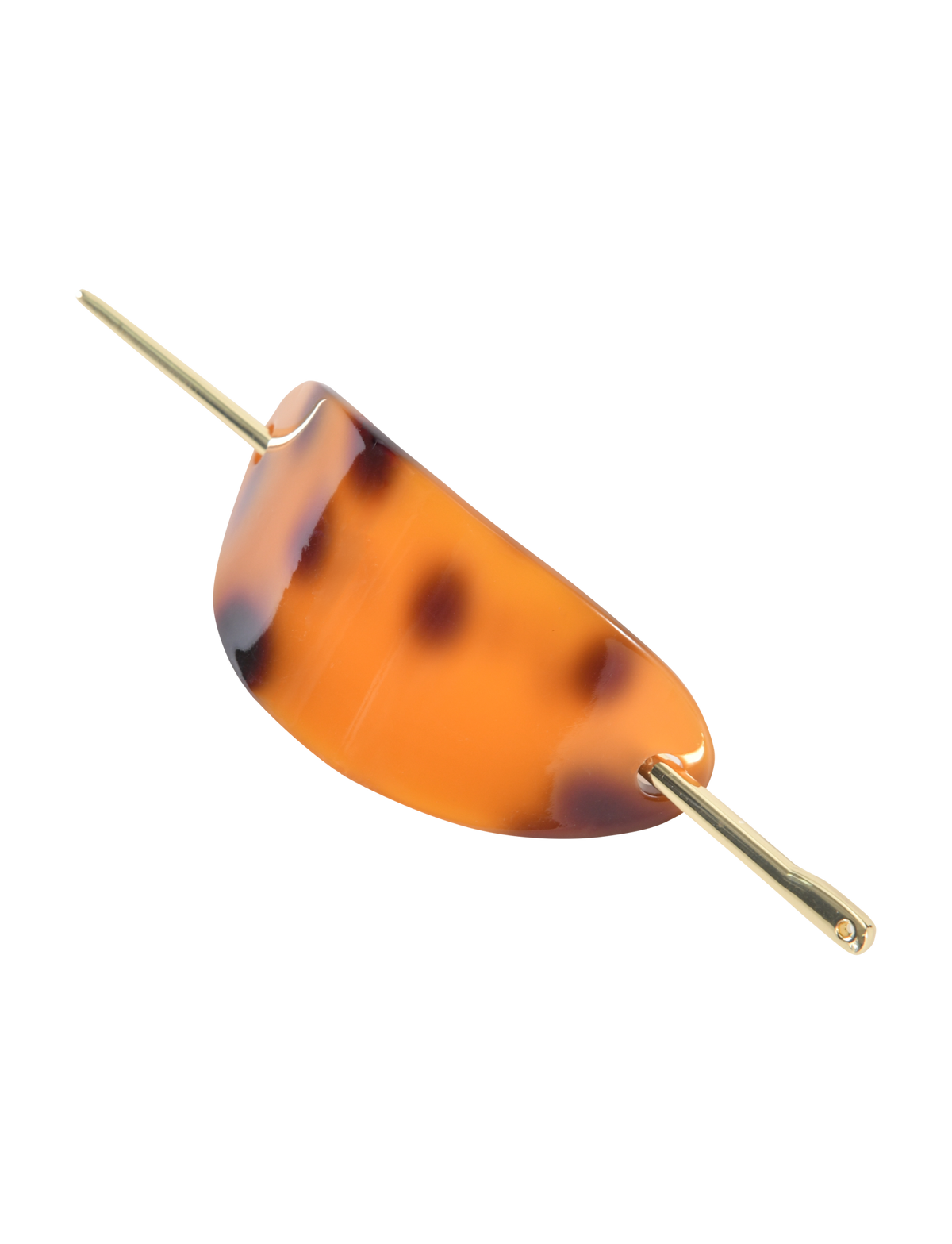 The TIGERMIST RUKA BARETTE - TORTOISESHELL is a chic acrylic hair accessory with a curved amber body, two gold-tone metal sticks, and gold bar closures at each end.