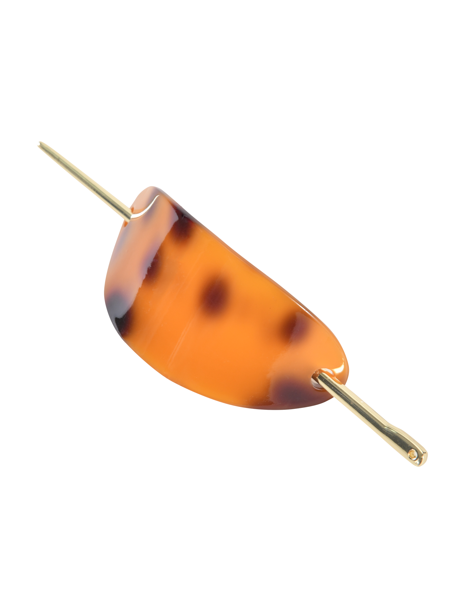 The TIGERMIST RUKA BARETTE - TORTOISESHELL is a chic acrylic hair accessory with a curved amber body, two gold-tone metal sticks, and gold bar closures at each end.