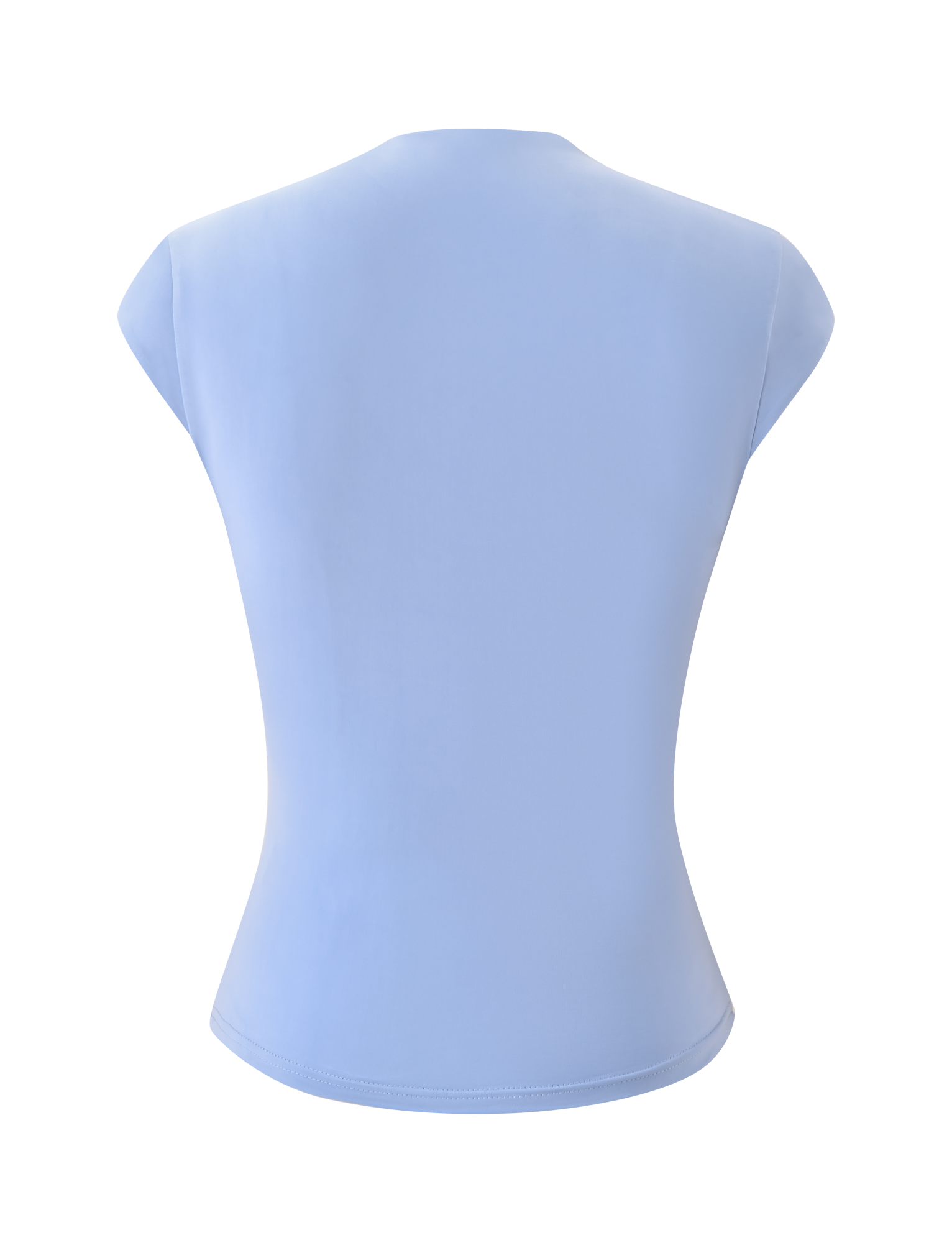 The MILLS TOP - BABY BLUE by TIGERMIST is a fitted, short-sleeve mock neck top in light blue, shown from the back against a white background.