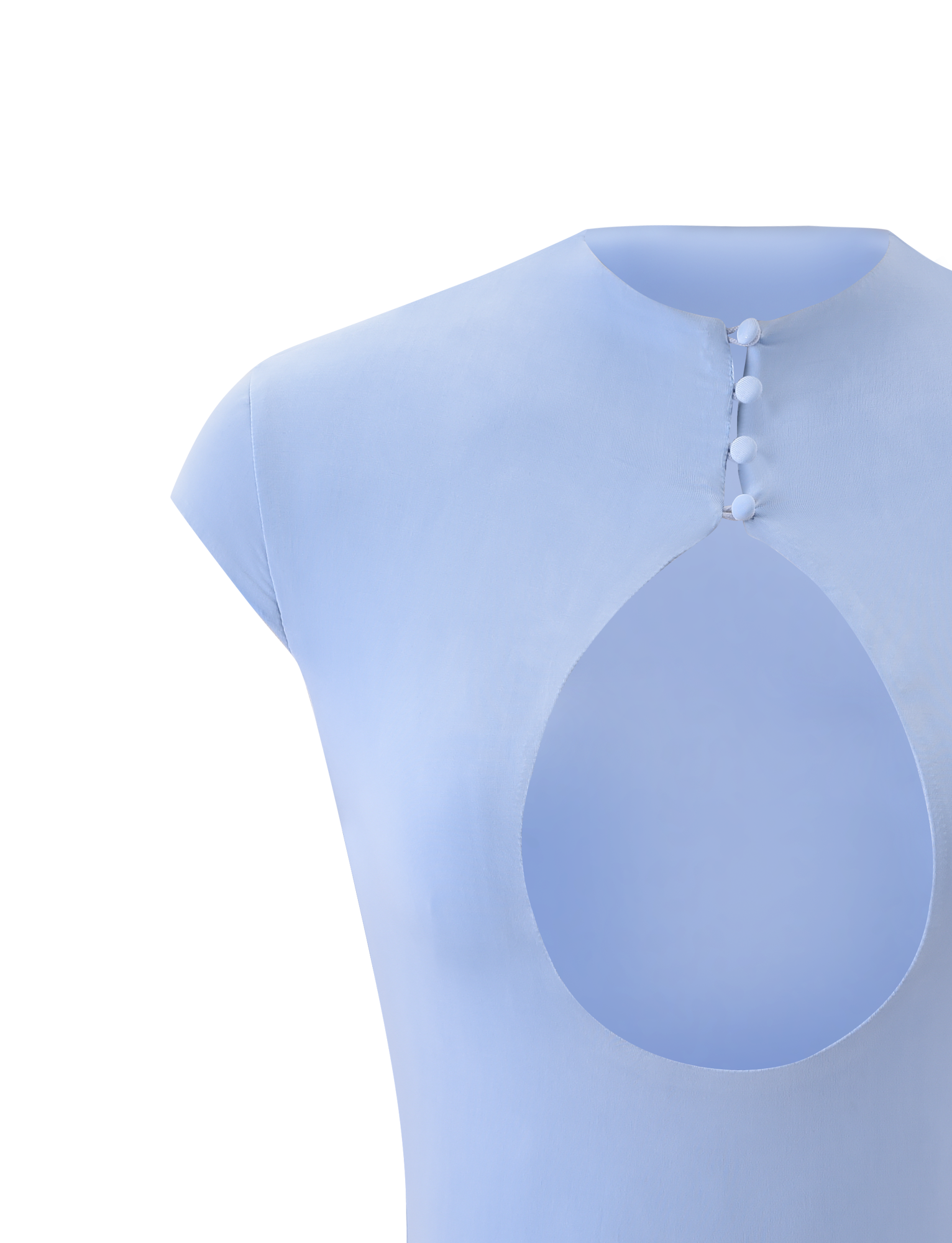 The MILLS TOP by TIGERMIST in baby blue features cap sleeves, a mock neck with four buttons, and a bold front bust cutout for a modern look.