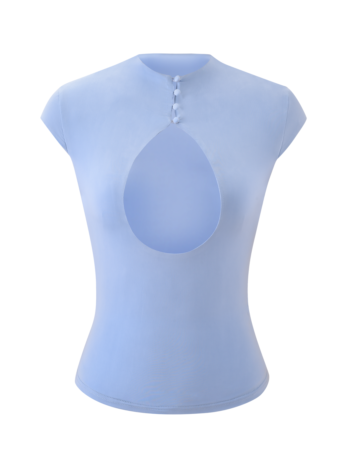 The MILLS TOP - BABY BLUE by TIGERMIST is a fitted, light blue mock neck top with short sleeves, three fabric-covered buttons, and a bold front bust cutout, shown against a plain white background.