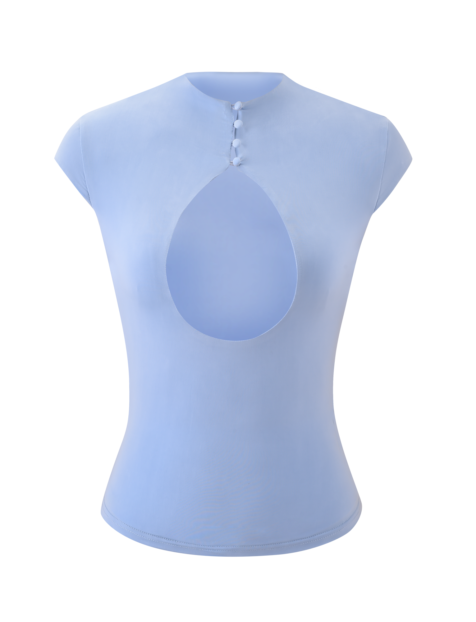 The MILLS TOP - BABY BLUE by TIGERMIST is a fitted, light blue mock neck top with short sleeves, three fabric-covered buttons, and a bold front bust cutout, shown against a plain white background.