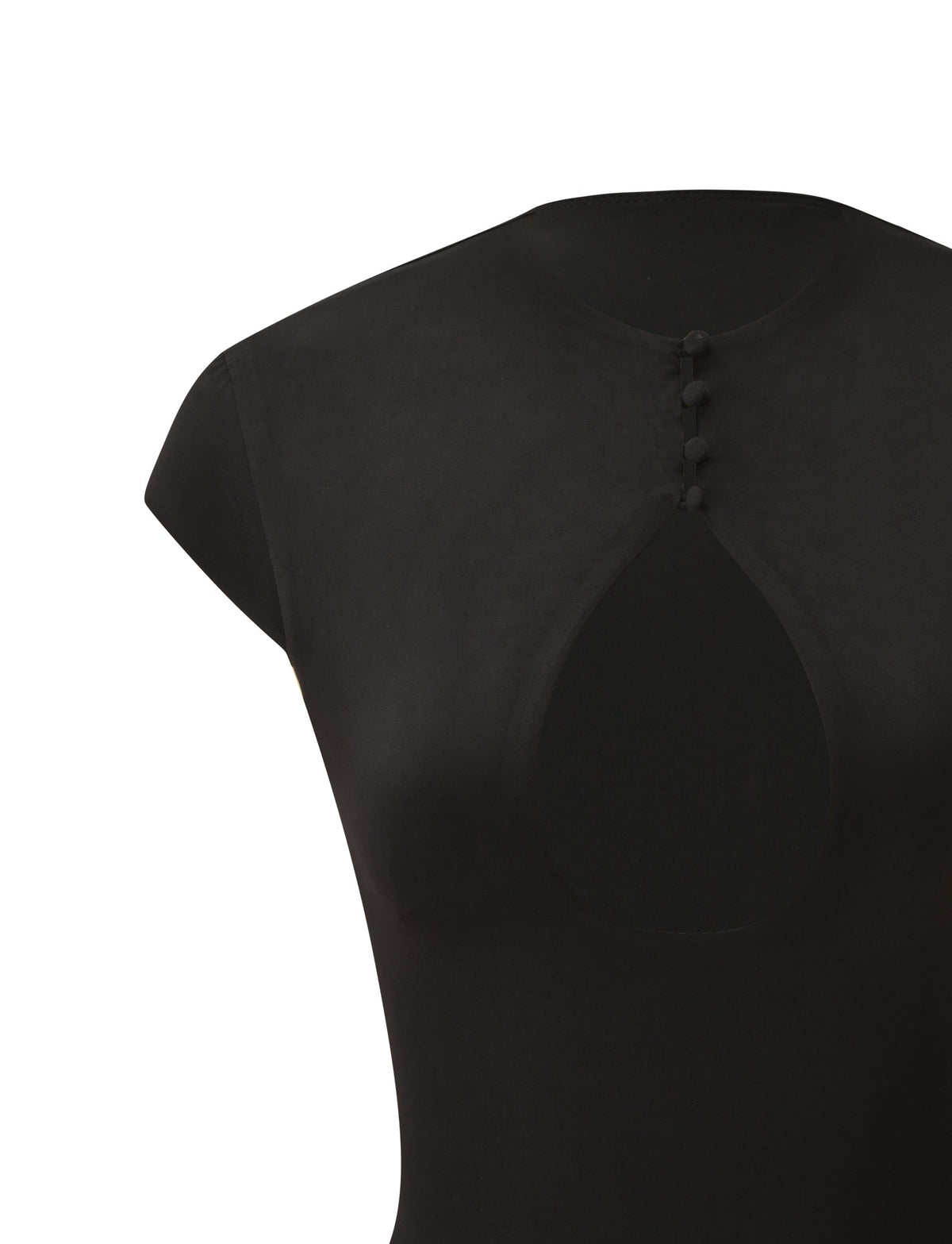 The MILLS TOP 2.0 in black by TIGERMIST features cap sleeves, a teardrop-shaped keyhole cutout with four fabric buttons at the neckline, and a flattering figure-snatching fit, displayed against a white background.