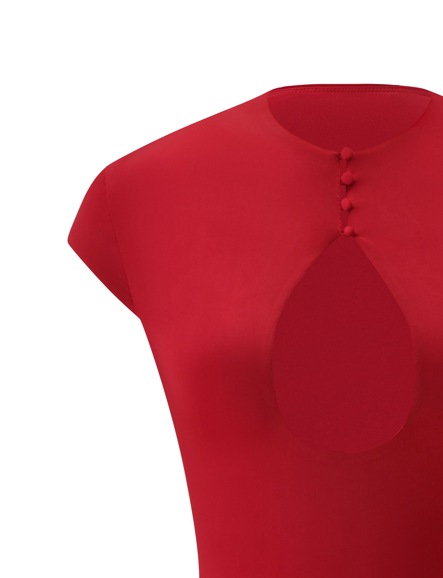 Close-up of the MILLS TOP - RED by TIGERMIST, showcasing its cap sleeves, teardrop-shaped keyhole cutout at the neckline, and decorative fabric-covered buttons above the cutout, all designed in a flattering bodycon fit to accentuate your silhouette.