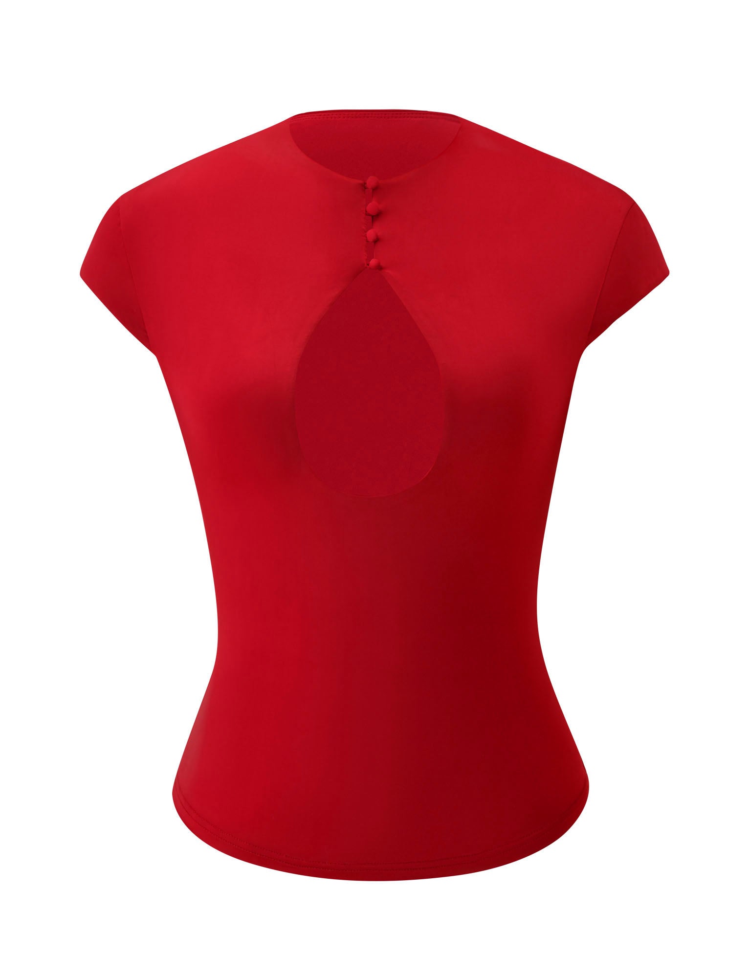Meet the MILLS TOP - RED by TIGERMIST: a fitted, short-sleeve blouse featuring a mock neck, bold keyhole chest cutout, and three fabric-covered buttons at the neckline—designed for a sleek, modern look.