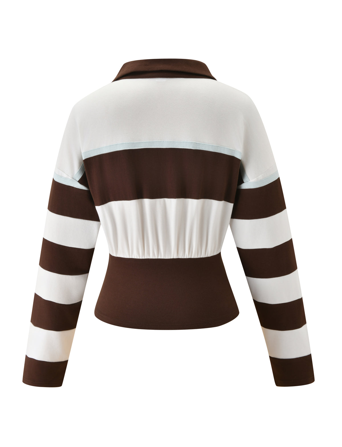 Back view of the TIGERMIST COLLINS RUGBY TOP - CHOCOLATE STRIPE, showcasing long sleeves with wide brown and white stripes, a striking chocolate stripe pattern on the back, and a curved fitted waist for a sleek silhouette.