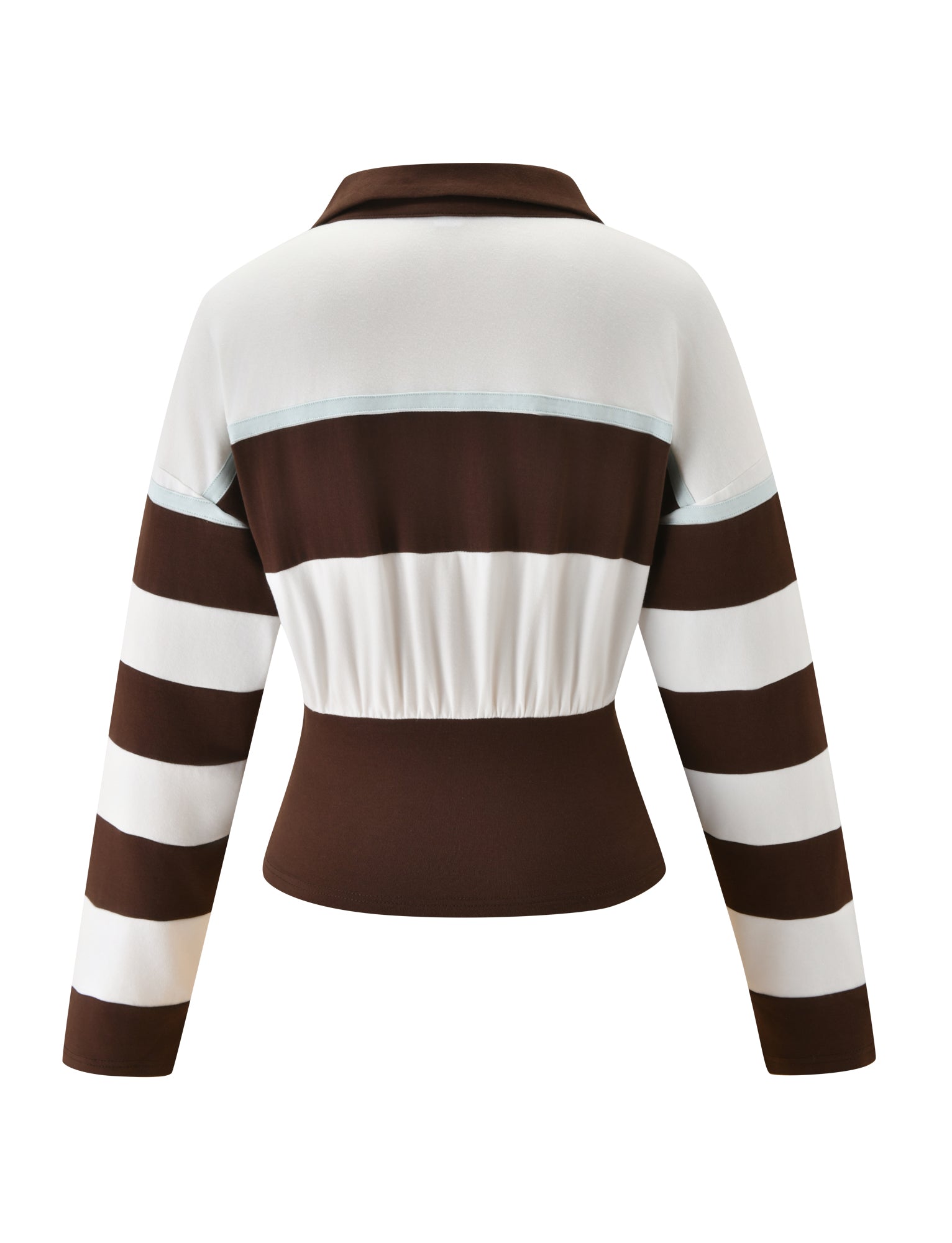 Back view of the TIGERMIST COLLINS RUGBY TOP - CHOCOLATE STRIPE, showcasing long sleeves with wide brown and white stripes, a striking chocolate stripe pattern on the back, and a curved fitted waist for a sleek silhouette.