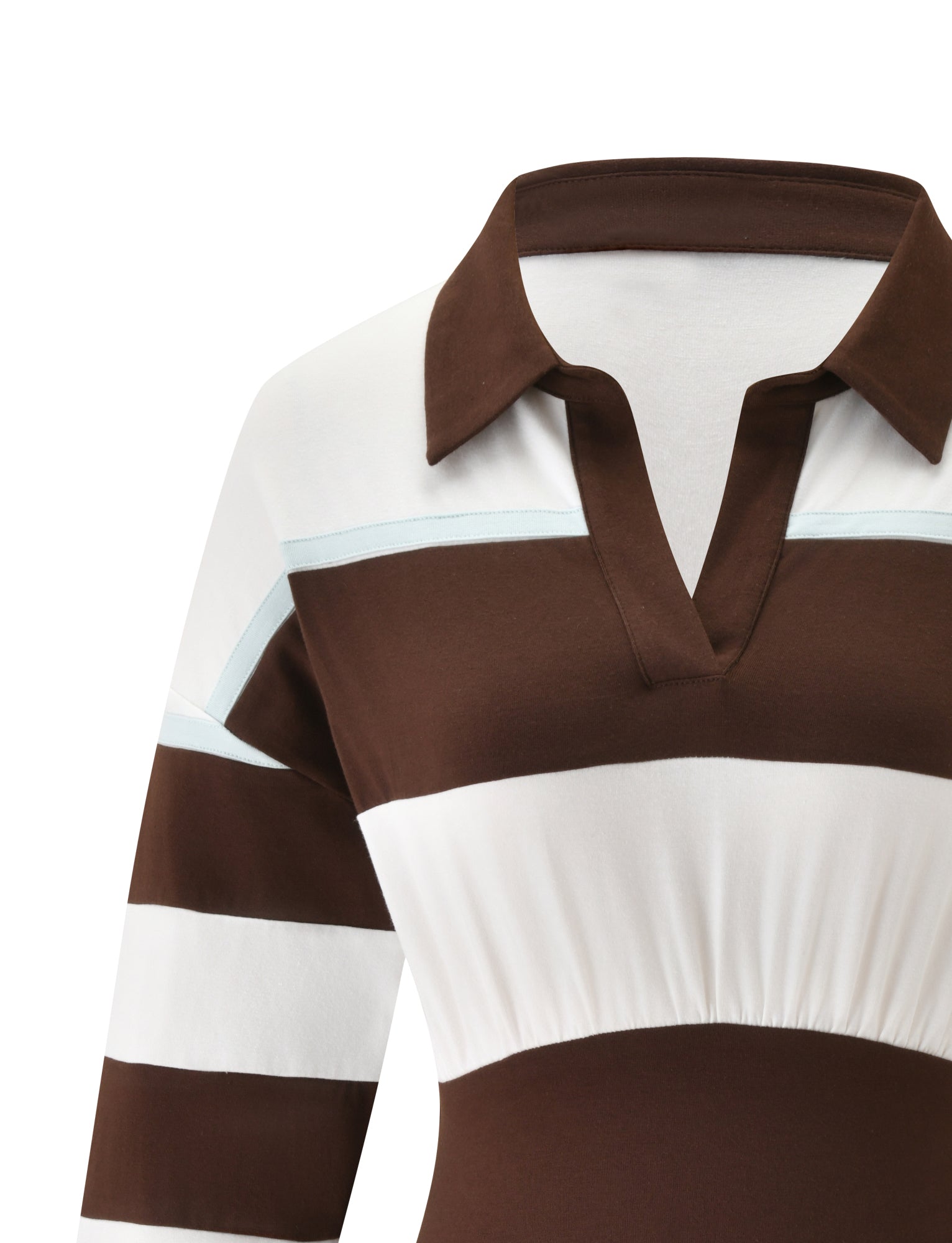 A close-up of the TIGERMIST COLLINS RUGBY TOP in Chocolate Stripe showcases its brown and white horizontal stripes, V-neck collar, and long sleeves. Made from a soft material, this top features a curved fitted waist that enhances its casual yet sporty style.