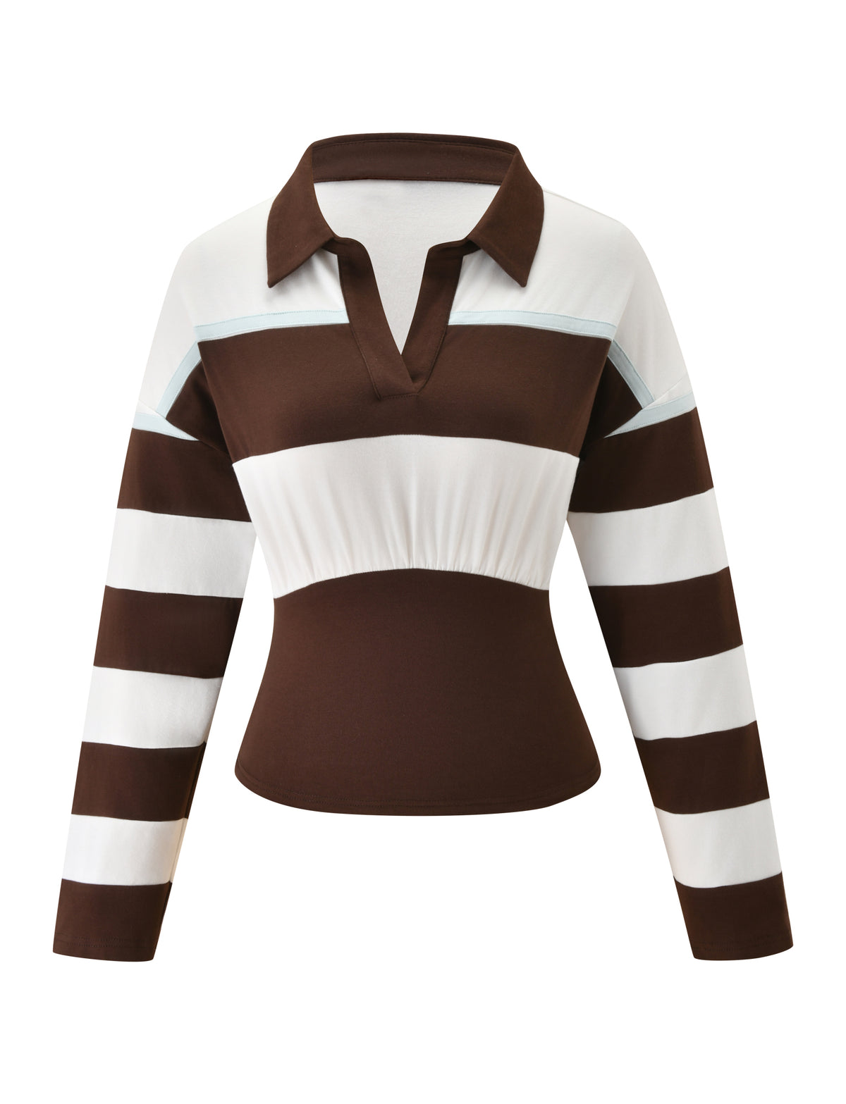 The COLLINS RUGBY TOP - CHOCOLATE STRIPE by TIGERMIST features long sleeves, a collared neckline, brown and white horizontal stripes across the sleeves, a contrasting white chest panel, and a curved fitted waist that highlights the chocolate-toned torso.