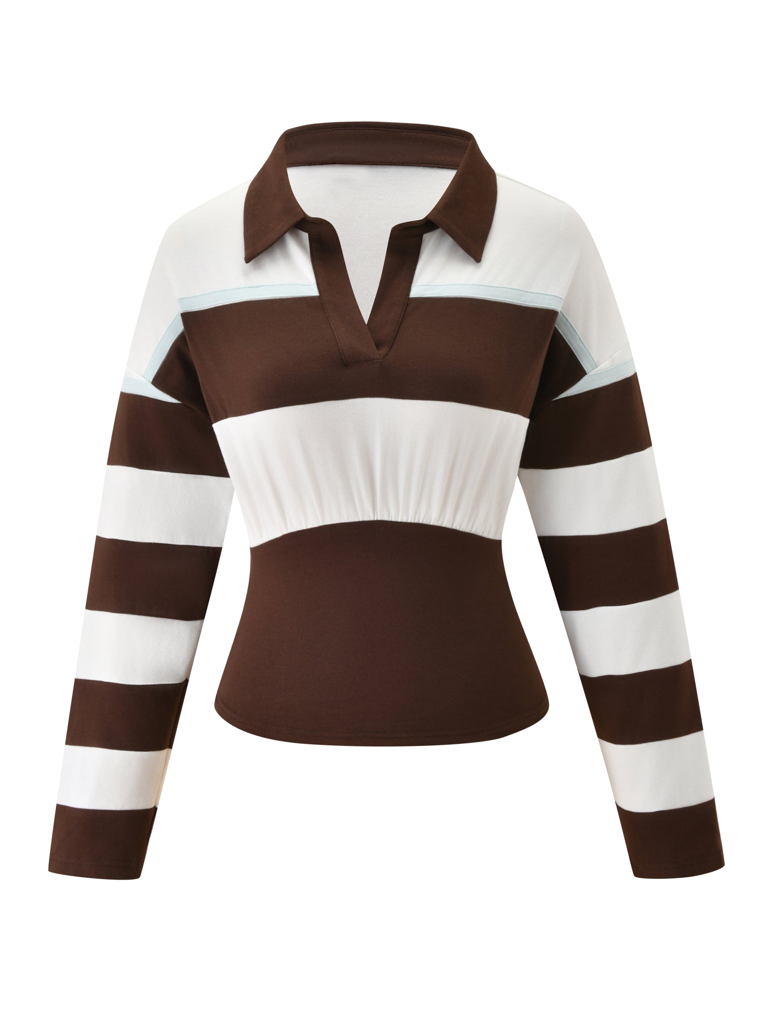 The COLLINS RUGBY TOP - CHOCOLATE STRIPE by TIGERMIST features long sleeves, a collared neckline, brown and white horizontal stripes across the sleeves, a contrasting white chest panel, and a curved fitted waist that highlights the chocolate-toned torso.