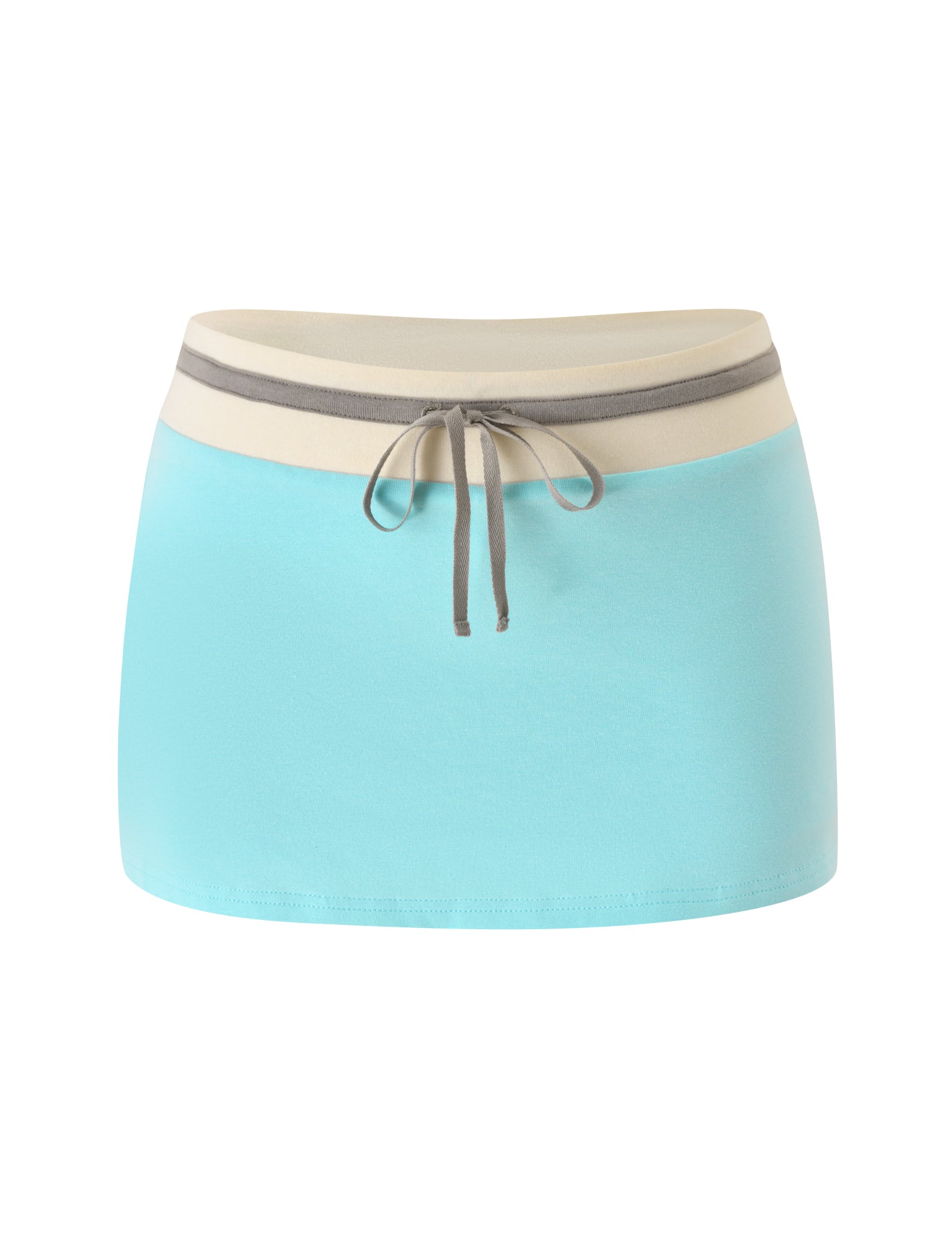 The TIGERMIST COLLINS MINI SKORT - AQUA is a comfortable aqua blue mini skort featuring a beige waistband and a gray drawstring tie at the front.