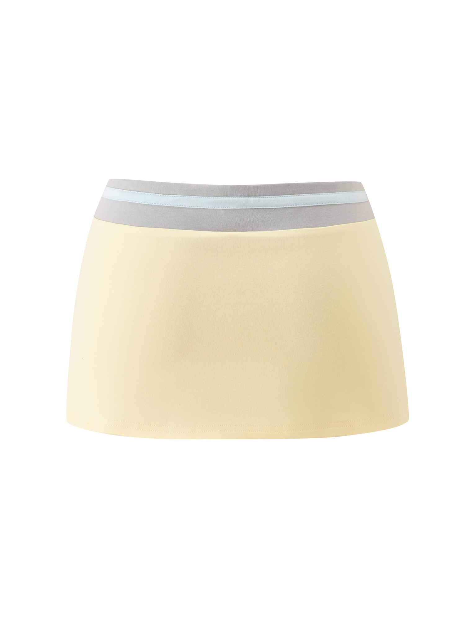 The TIGERMIST COLLINS SKORT - BUTTER is a butter yellow skort with a wide waistband and light blue and gray horizontal stripes, shown against a plain white background.