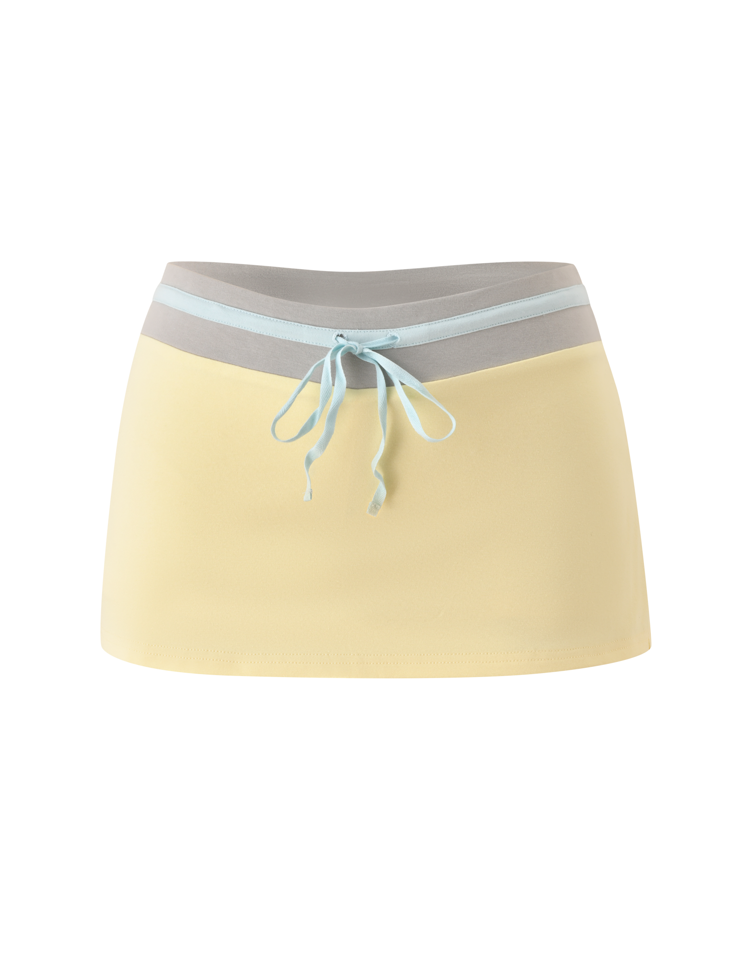 The TIGERMIST COLLINS SKORT - BUTTER features a butter yellow hue, wide grey waistband, and light blue drawstring, with subtle mini shorts underneath, shown on a plain white background.