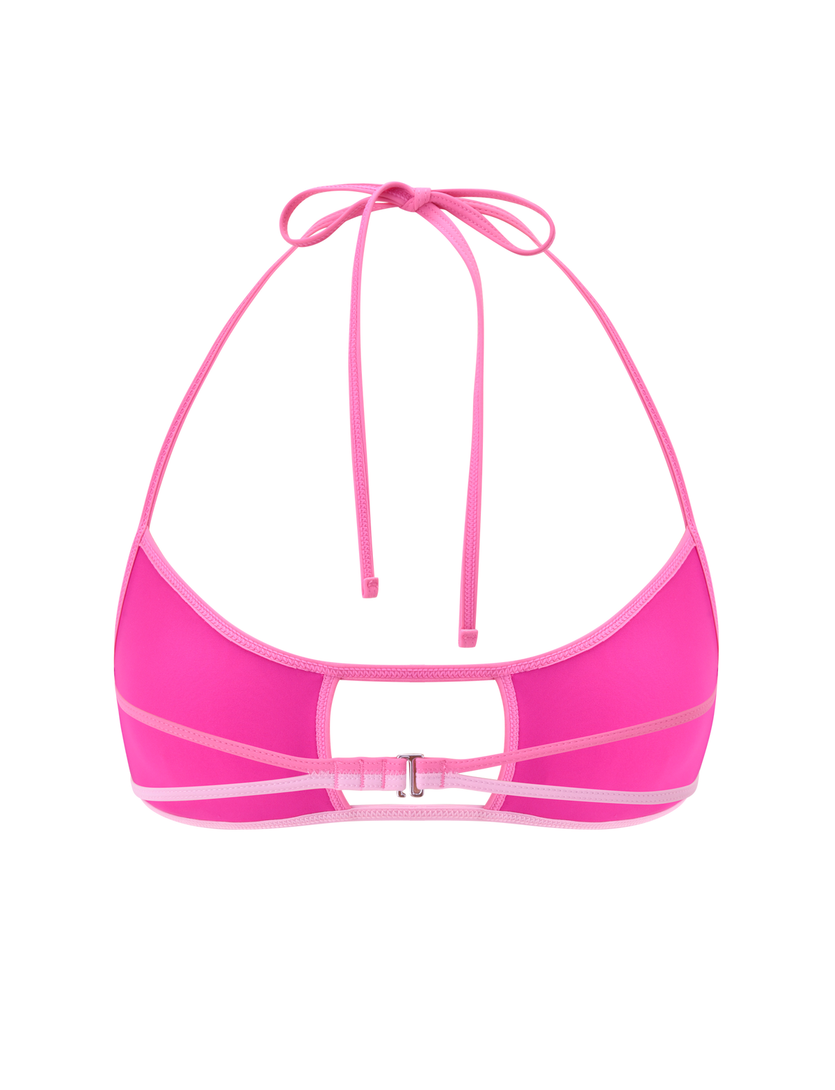 The PALMER BIKINI TOP - BERRY by TIGERMIST is a bright pink bikini top with an adjustable halter neck, thin straps, a rectangular back keyhole, and clasp fastening, shown on a white background.