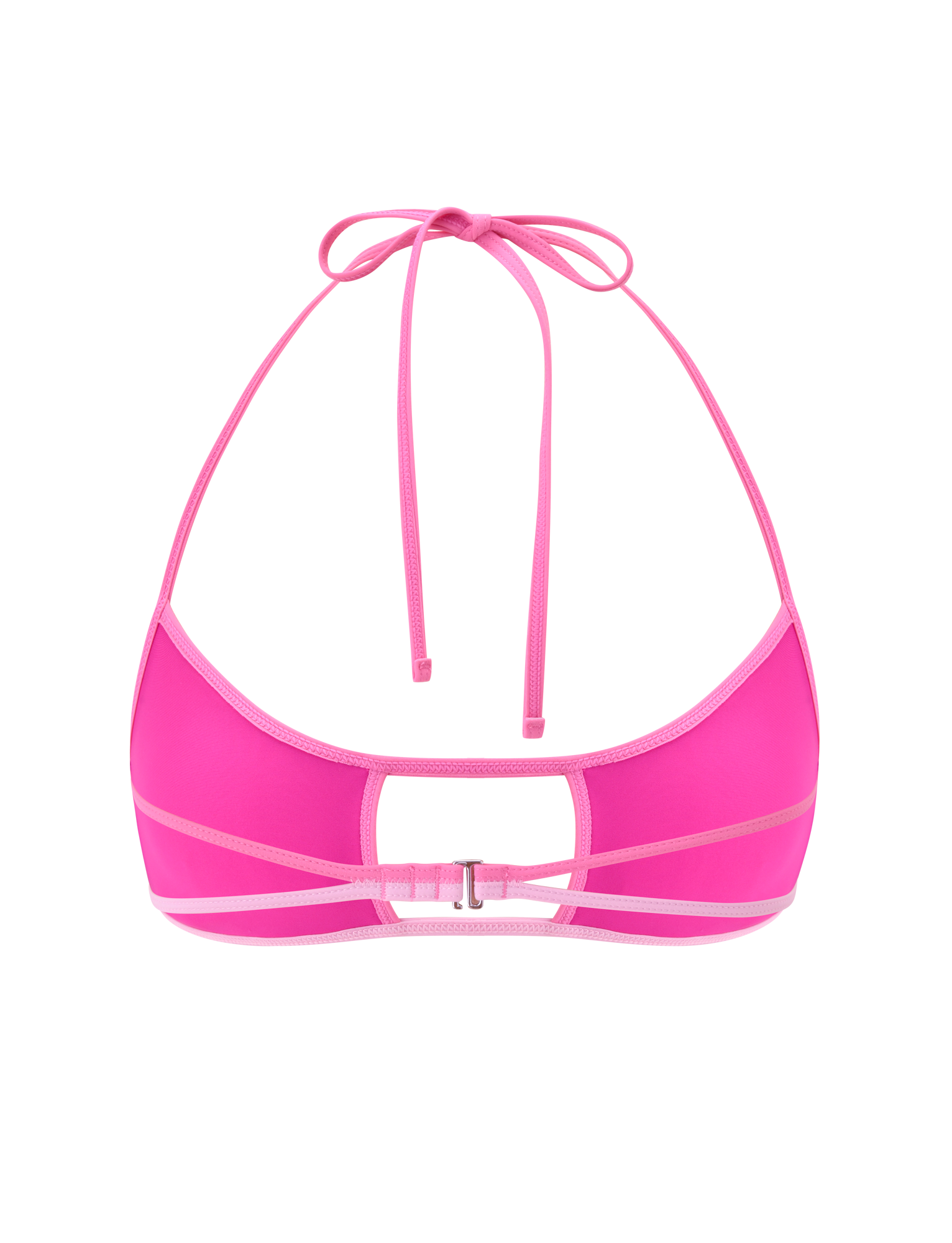 The PALMER BIKINI TOP - BERRY by TIGERMIST is a bright pink bikini top with an adjustable halter neck, thin straps, a rectangular back keyhole, and clasp fastening, shown on a white background.