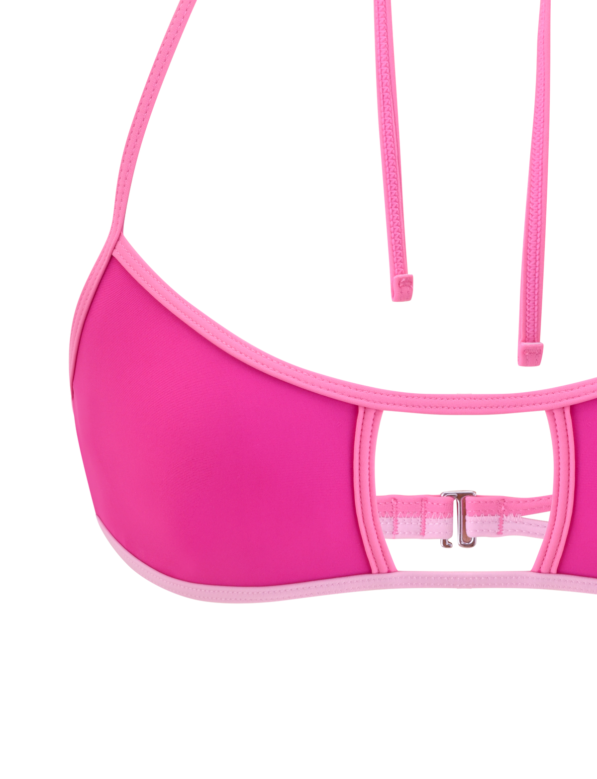 Close-up of the TIGERMIST PALMER BIKINI TOP in Berry, featuring light pink trim, thin adjustable halter neck straps, and a front keyhole with a small silver clasp. Set against a white background.