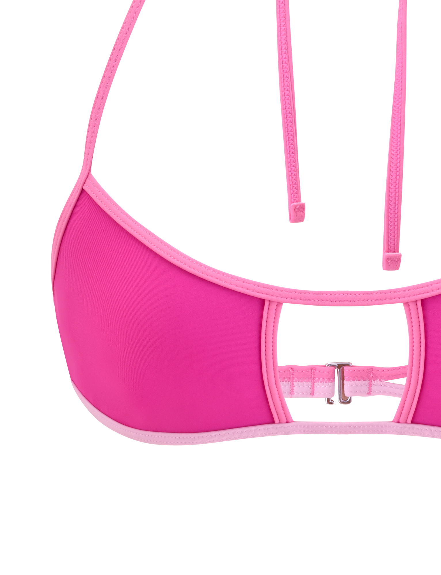 Close-up of the TIGERMIST PALMER BIKINI TOP in Berry, featuring light pink trim, thin adjustable halter neck straps, and a front keyhole with a small silver clasp. Set against a white background.