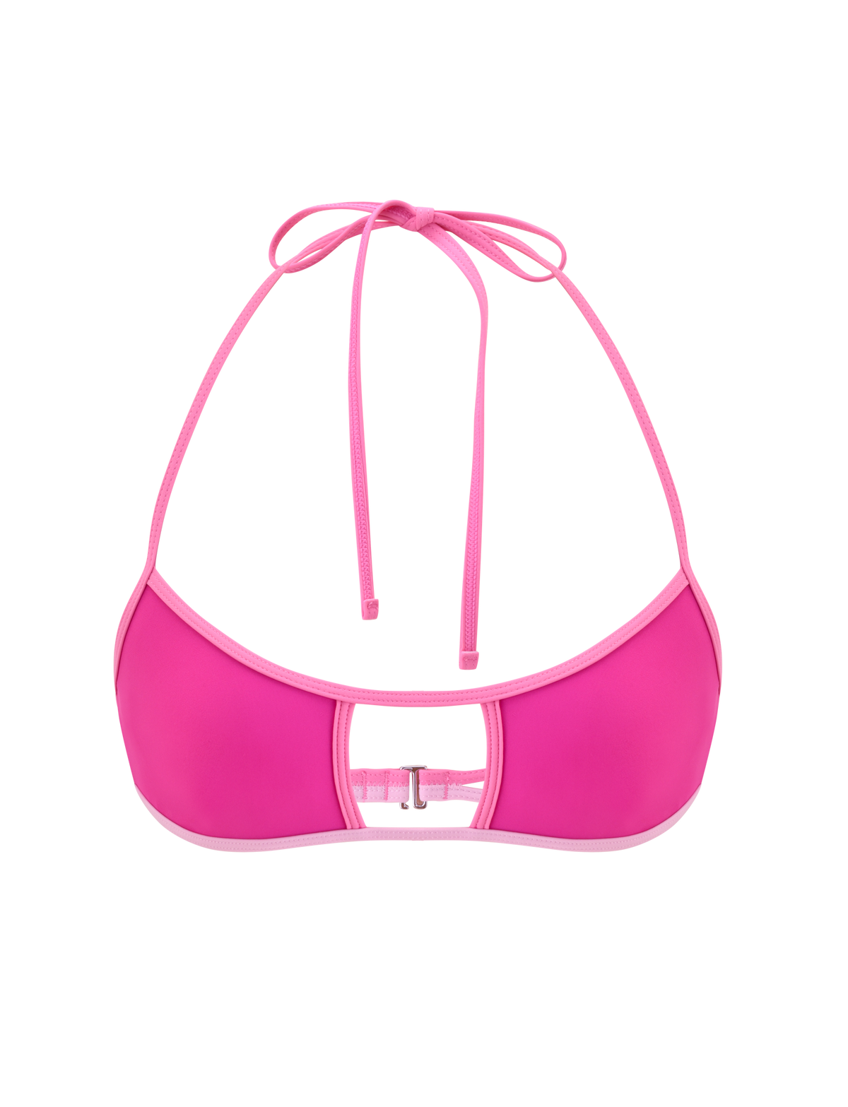 The PALMER BIKINI TOP - BERRY by TIGERMIST features a pink design with light pink trim, adjustable halter neck ties, and a small rectangular metal detail at the center front, shown against a plain white background.