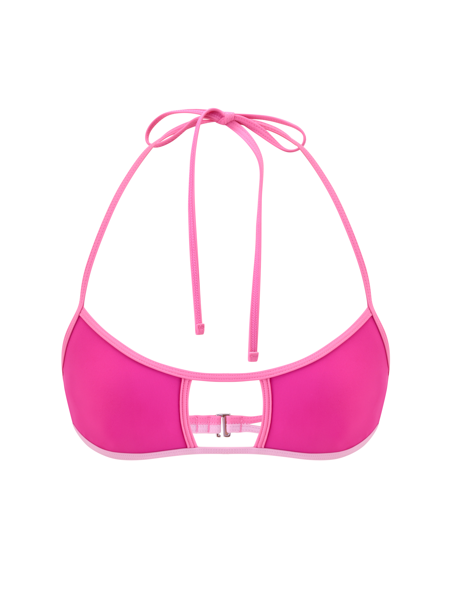 The PALMER BIKINI TOP - BERRY by TIGERMIST features a pink design with light pink trim, adjustable halter neck ties, and a small rectangular metal detail at the center front, shown against a plain white background.