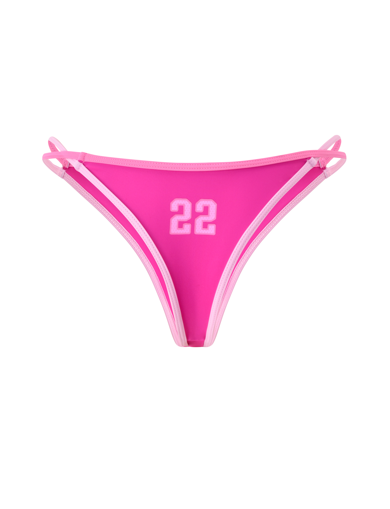 The PALMER BIKINI BOTTOM - BERRY by TIGERMIST features a bright pink cheeky fit with double side straps, white trim, and a sporty number 22 print on the front center against a solid white background.