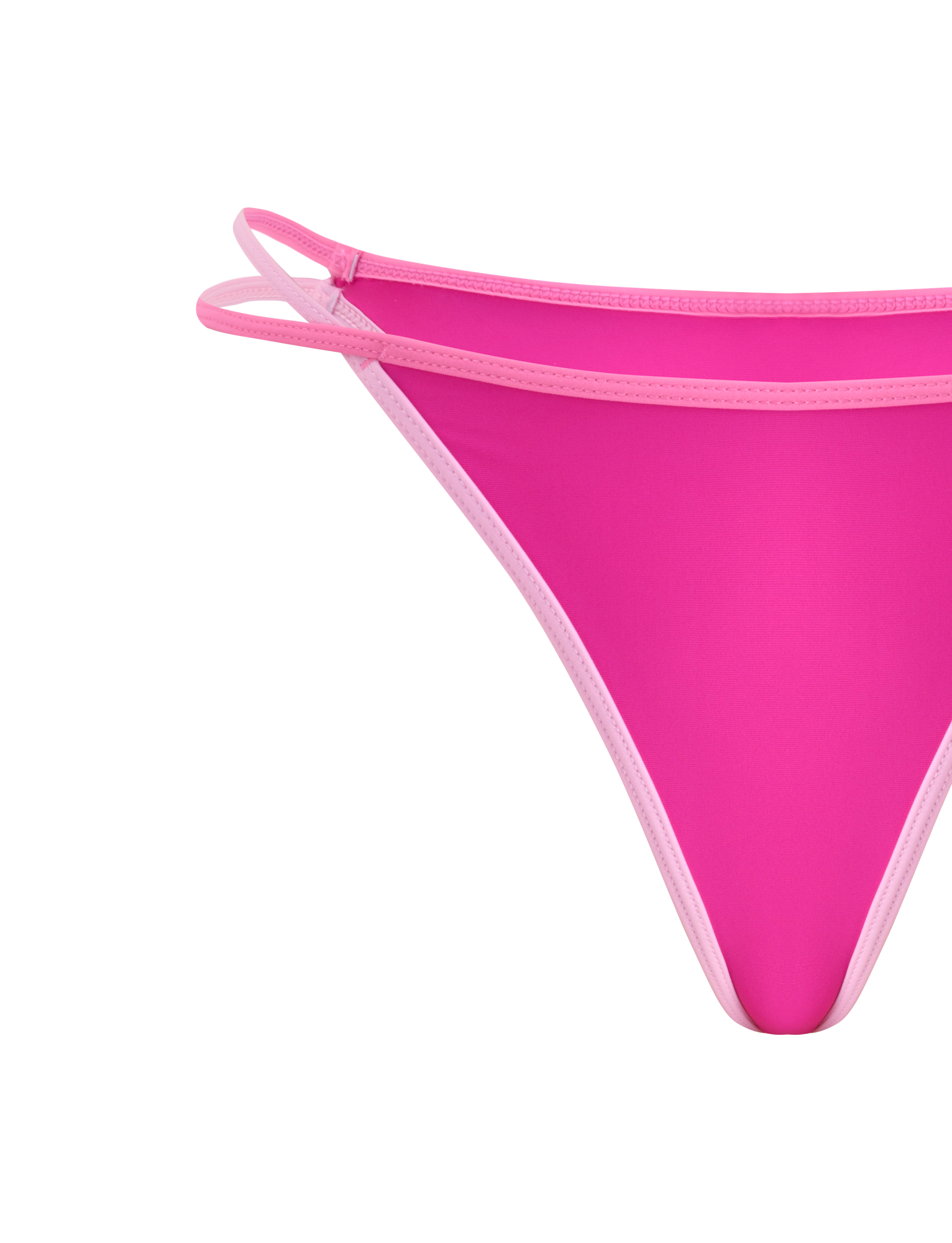 A close-up of the TIGERMIST PALMER BIKINI BOTTOM - BERRY, featuring a bright pink color with light pink trim, cheeky fit, and double side straps, shown against a plain white background.