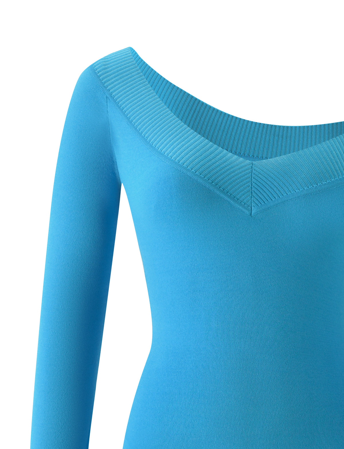 A close-up of the PARKER KNIT MINI DRESS - CAPRI by TIGERMIST, a vibrant blue long sleeve mini dress featuring a wide, ribbed V neckline.